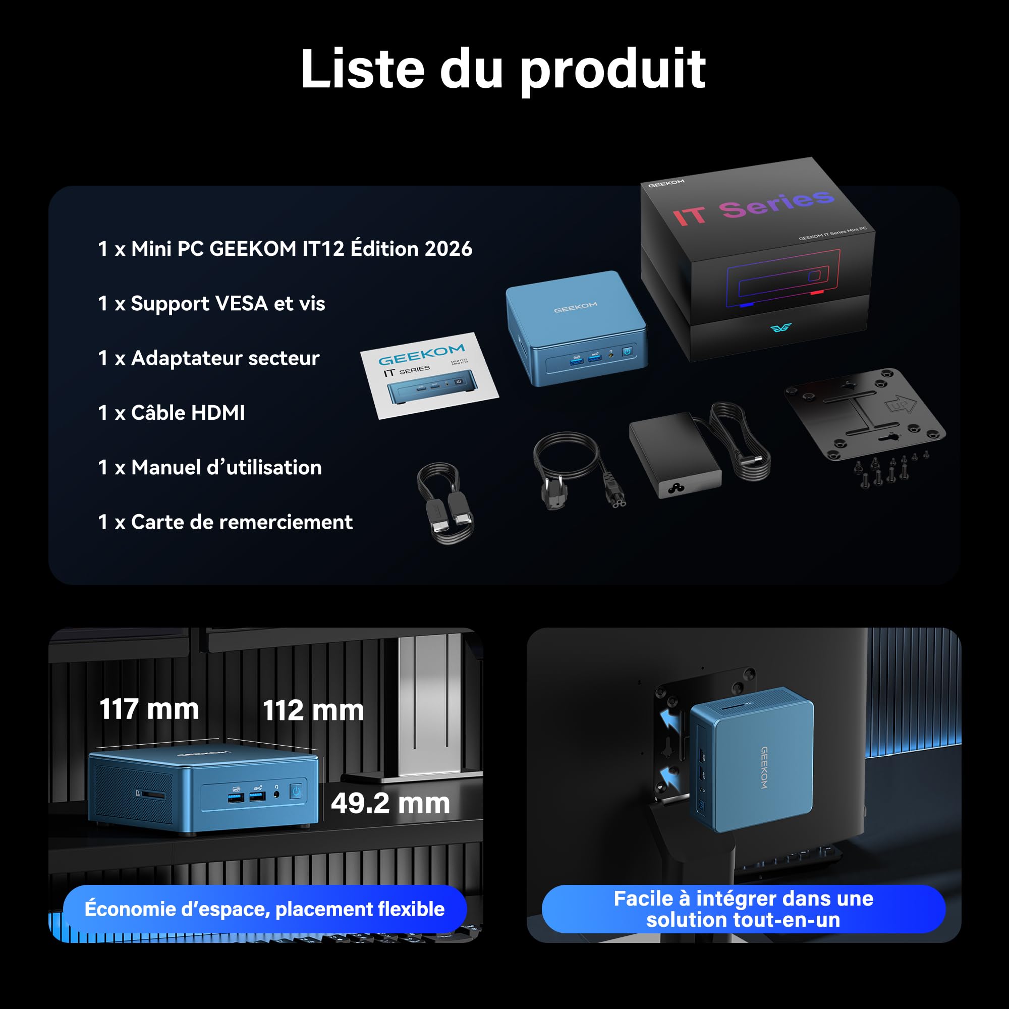 GEEKOM IT12 Mini PC avec Intel i5-12450H, 16Go DDR4 RAM(Évolutif) SSD 512Go(jusqu’à 4To), 2 caloducs cuivre, 2*USB4, Lecteur SD, 2.5G LAN, Windows 11 Pro,Mini Ordinateur de Bureau pour maison/business