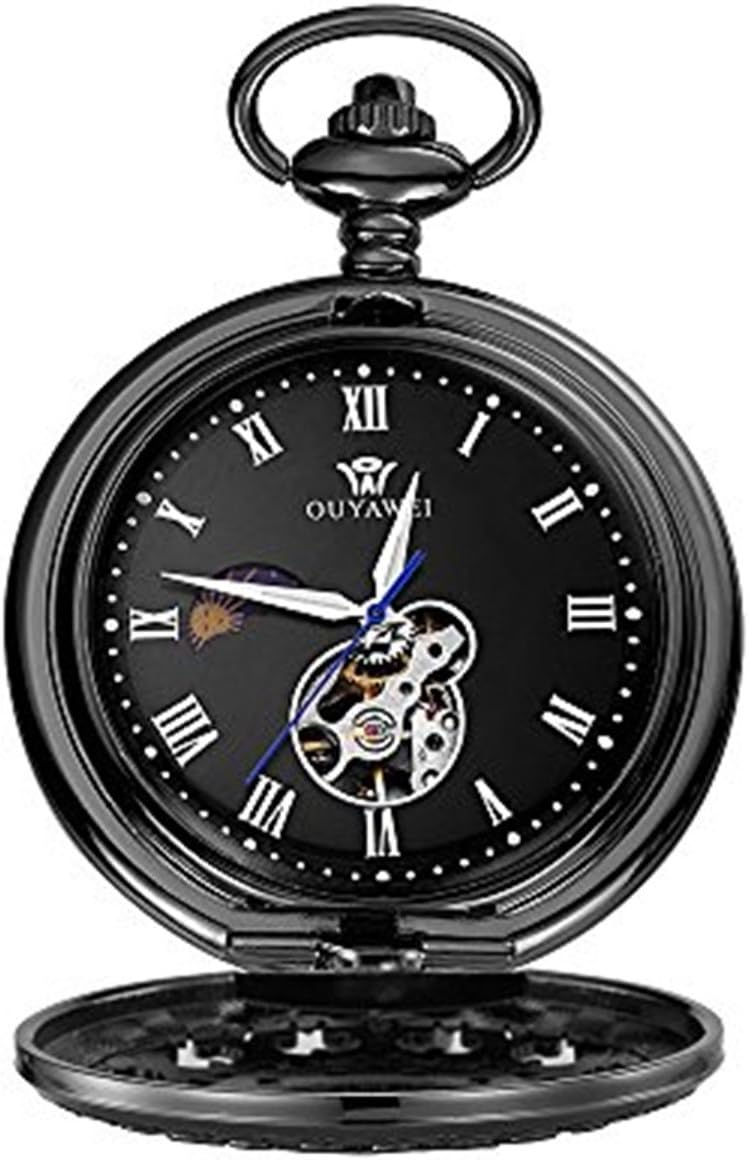 New Luxury Fashion Men's Skeleton Mechanical Pocket Watches with Chain+Gift Box(Black)