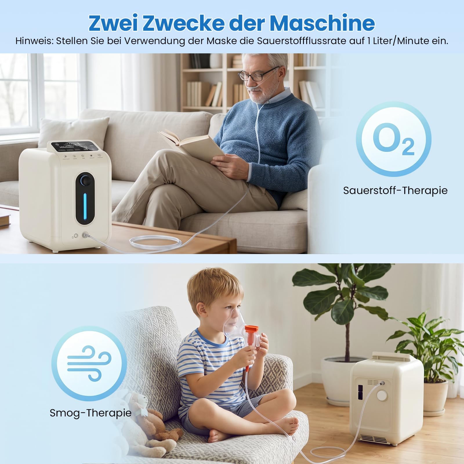 Sauerstoffgerät für Zuhause - Tragbarer Sauerstoffkonzentrator, Entspannung, Meditation, 1-9L/min Durchfluss, 96% Konzentration, Fernbedienung, Kindersicherung, Heimsauerstoffgerät für Wohlbefinden