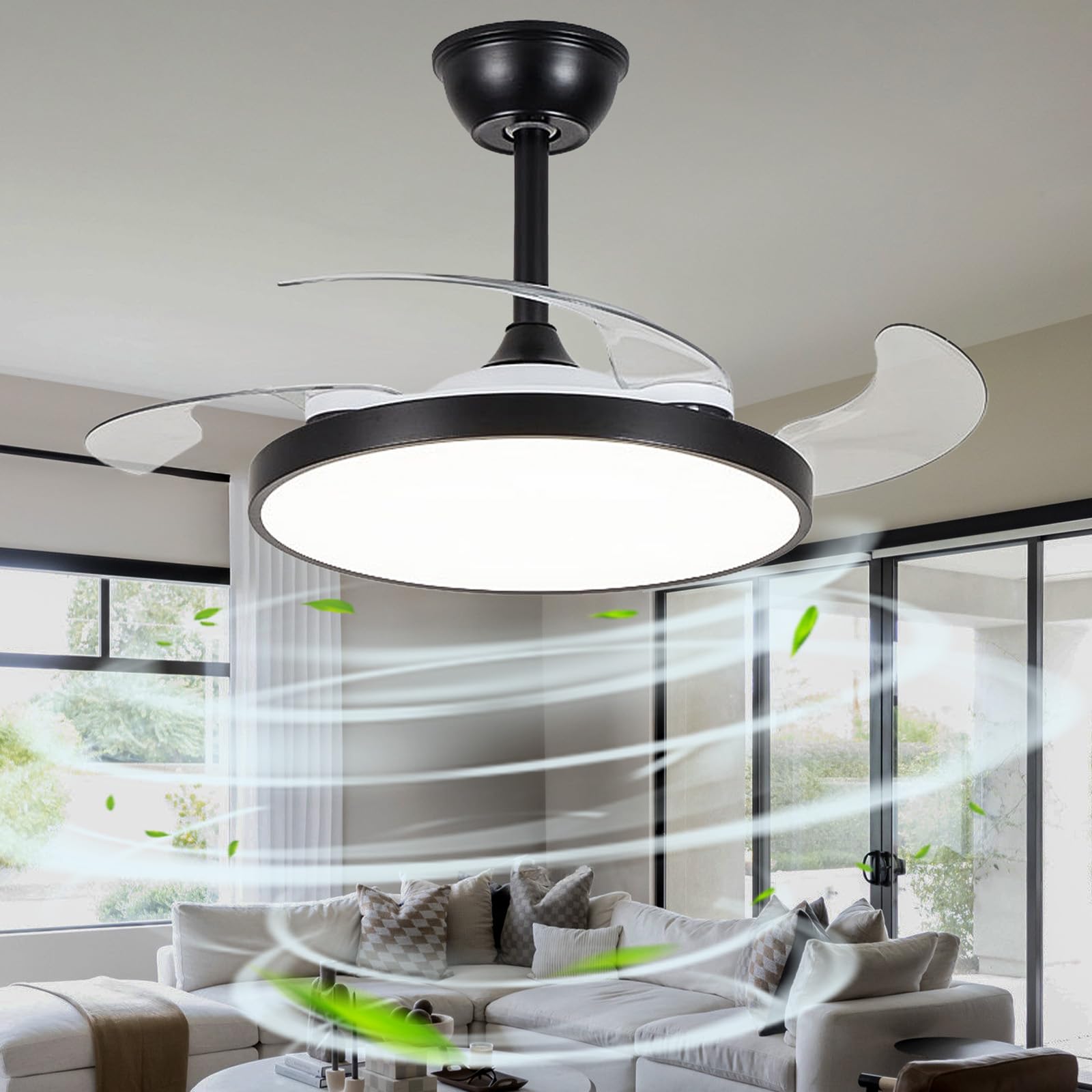 SXDMOUBK Invisible Ceiling Fan Chandelier with Retractable Blades Modern Dimmable Fan Light Fixture for Living Room & Kids Room Reversible Black 108cm Ceiling Light