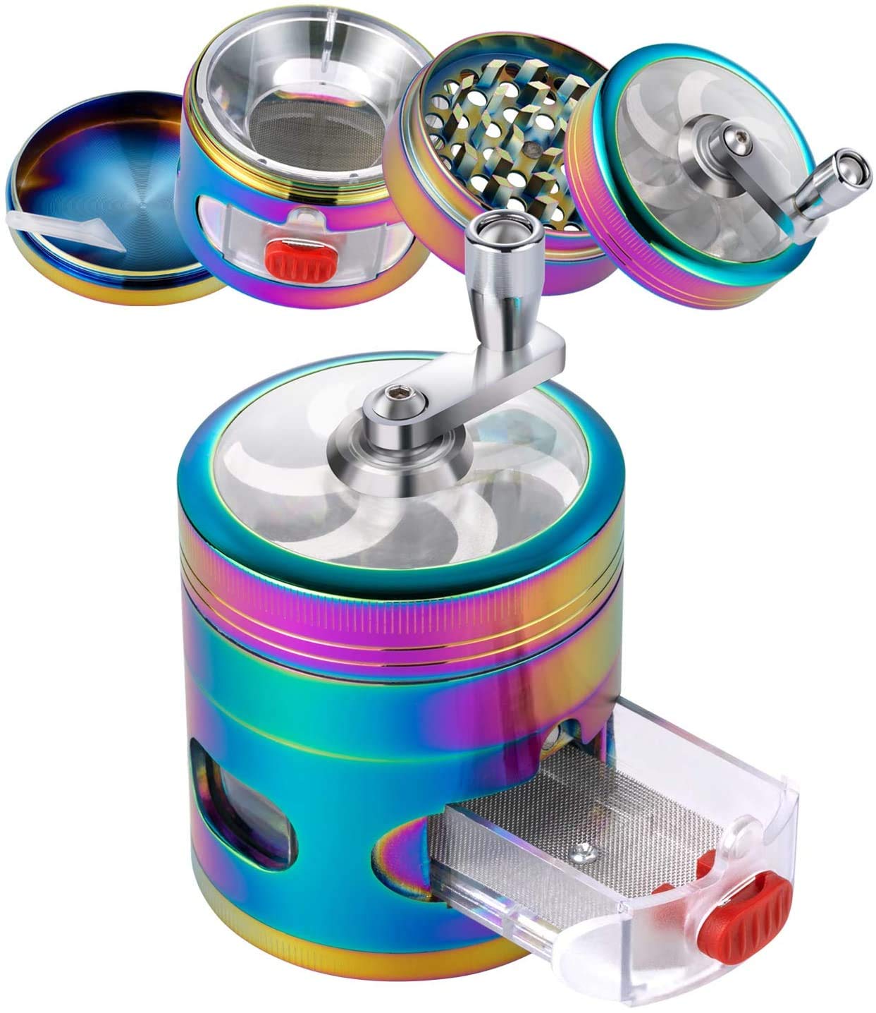 ZYMART Herb Grinder, Premium Hand Cranked Design, Higher Volume -4 Pieces 3 Inch with Easy Access Drawer and Pollen Catcher (Rainbow)
