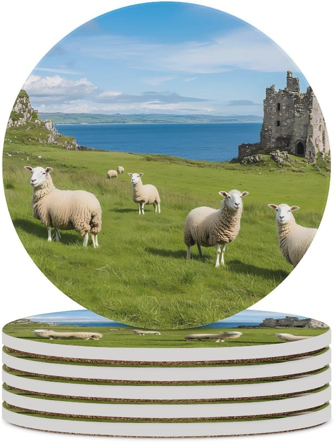 Castle Scottish Countryside Sheeps Round Ceramic Coasters Print Drinks Absorbent with Cork Base for Home Decor Gifts 4 Inch