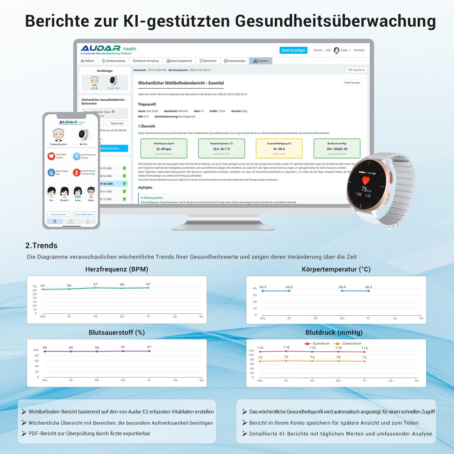 E2 Senioren Smartwatch STR002G-M Silikon Ersatzarmband mit Metall-Druckknopf für E2