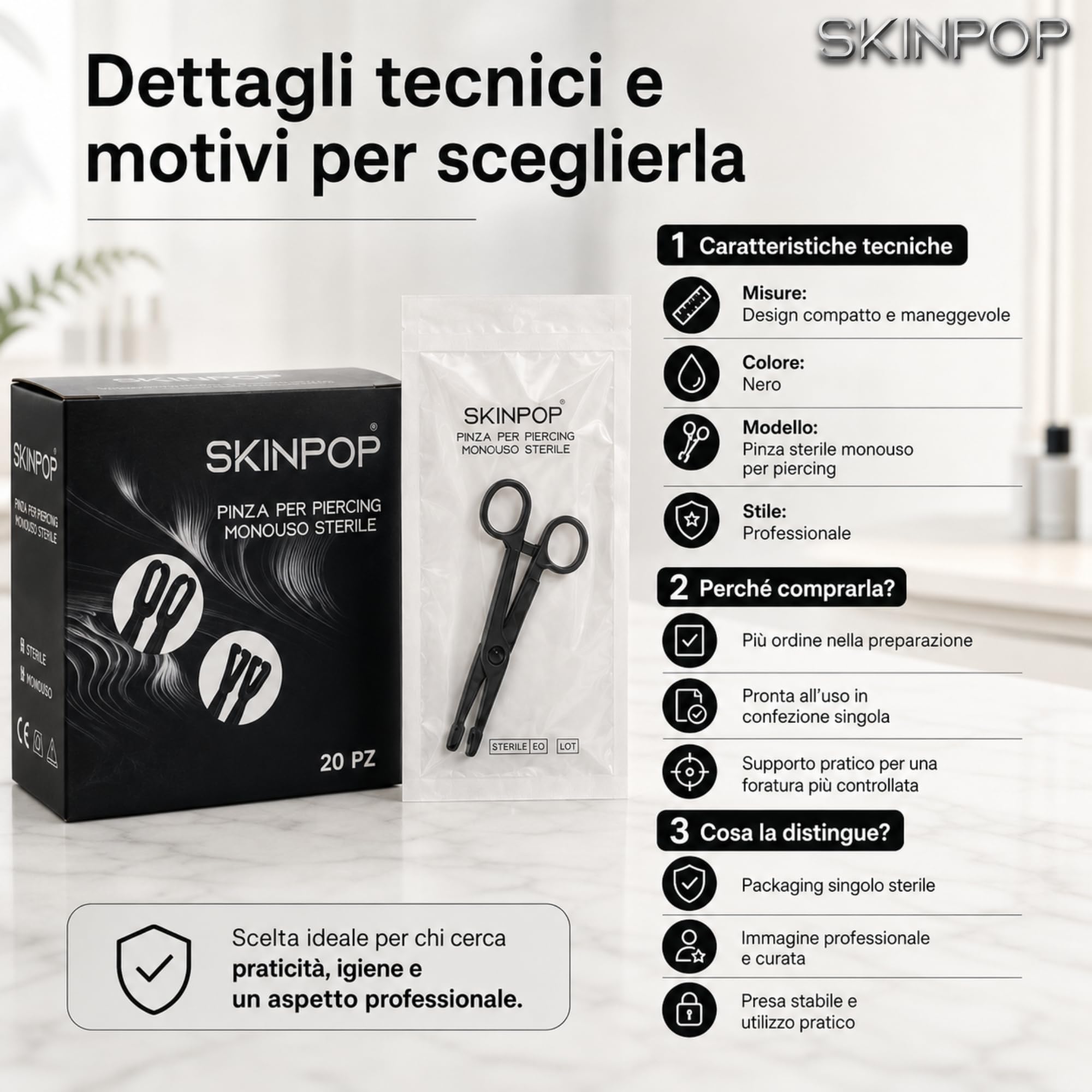 Pinza per Piercing Monouso con Forma Ovale - DELICATA e RASSICURANTE - Pinze in PVC Sterilizzata E.O. Gas - Confezione Singola - Presa STABILE per Prima Foratura e Body Piercing