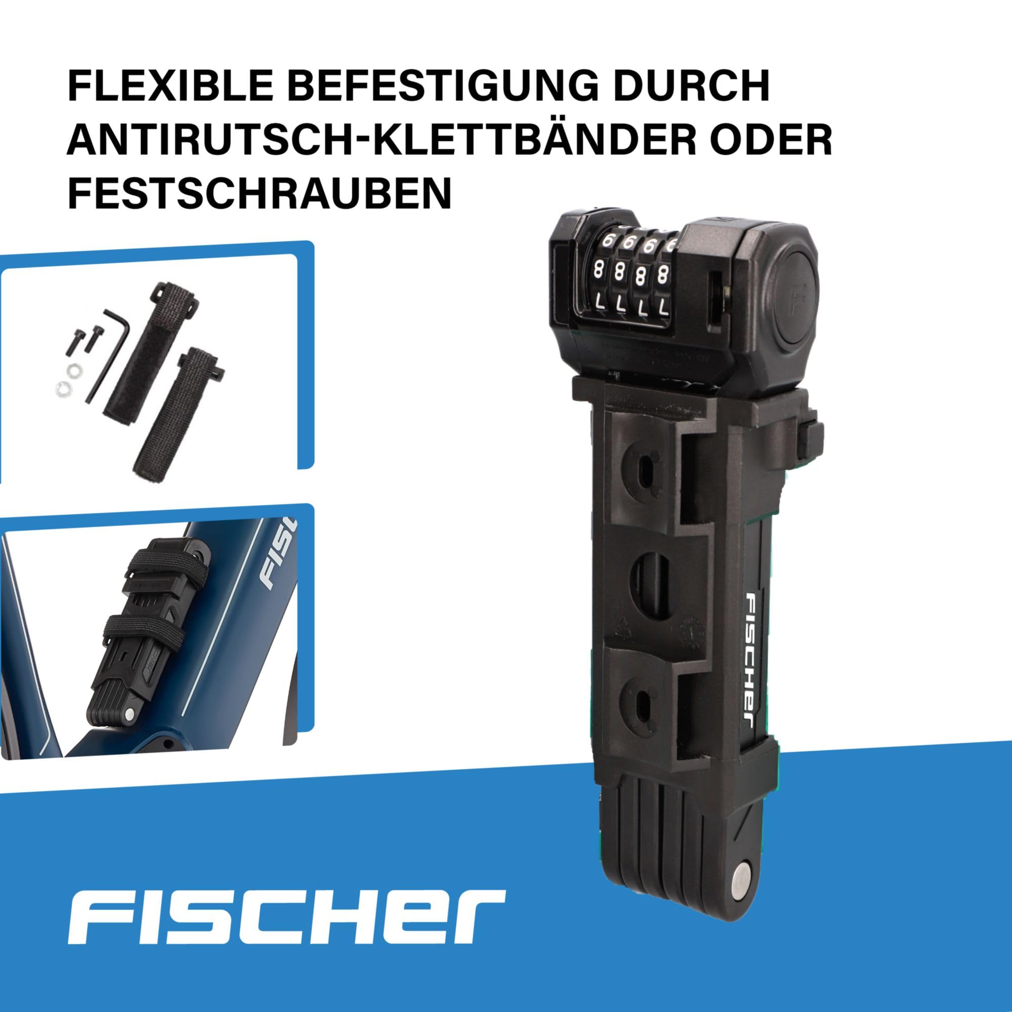FISCHER Protec FN85 - Lucchetto pieghevole per bicicletta con 4 rulli numerici con 10.000 combinazioni di numeri, aste rivestite in plastica, con supporto e nastri in antiscivolo, lunghezza 85 cm