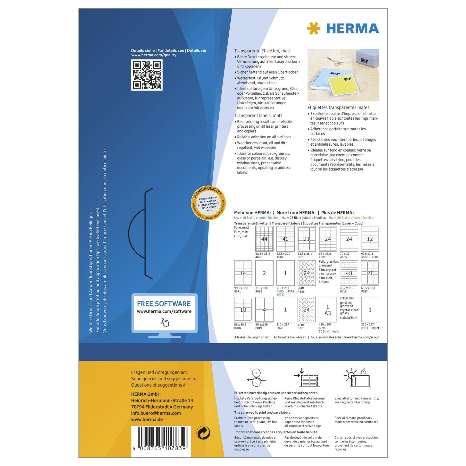 HERMA 10783 - Etiquetas de papel de aluminio (210 x 297 mm, 80 hojas, película de poliéster, mate), autoadhesivas, imprimibles, permanentes, 80 etiquetas adhesivas, transparentes