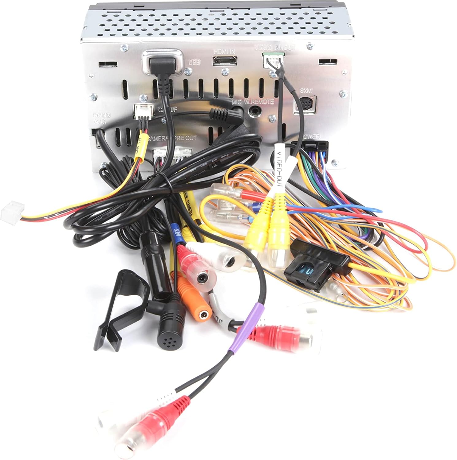 The back of a car stereo is shown with its various ports and wiring.
