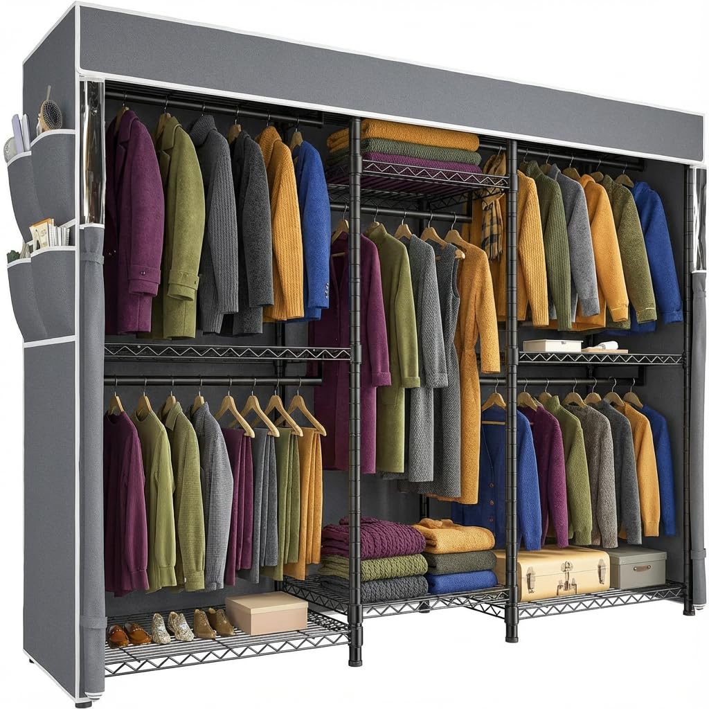 Raybee Clothes Rack with Cover,Clothing Racks for Hanging Clothes Heavy Duty,Portable Closet with Shelves,Adjustable,Loads 905 LBS,Black,75" W*17.8" D*77" H