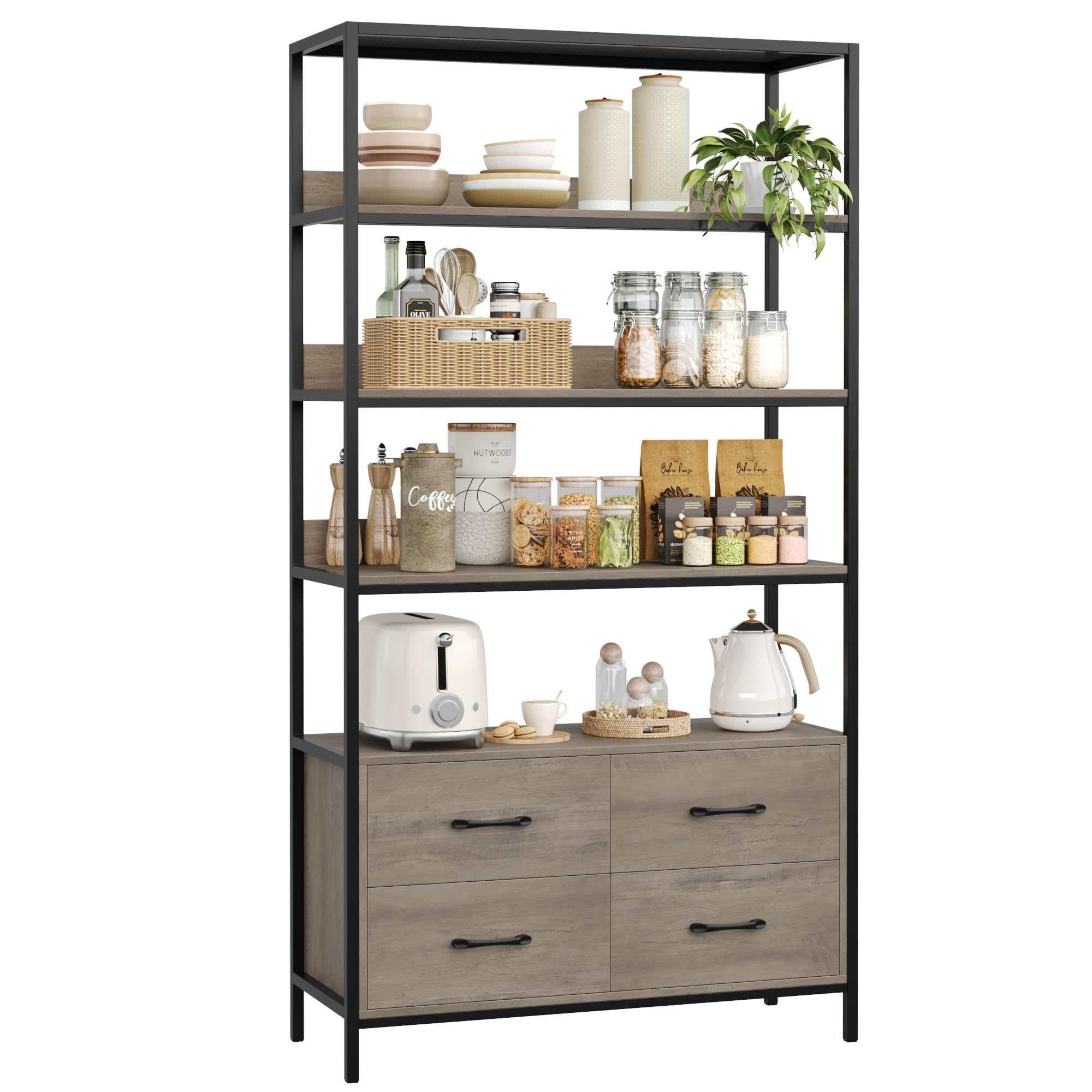 HITHOS 5-Tier Bookshelf with Drawers, 71" Tall Book Shelf with Storage, 35.4" Wide Industrial Etagere Bookcase, Kitchen Storage Rack with Microwave Stand, Modern Open Shelves for Living Room, Ash Grey