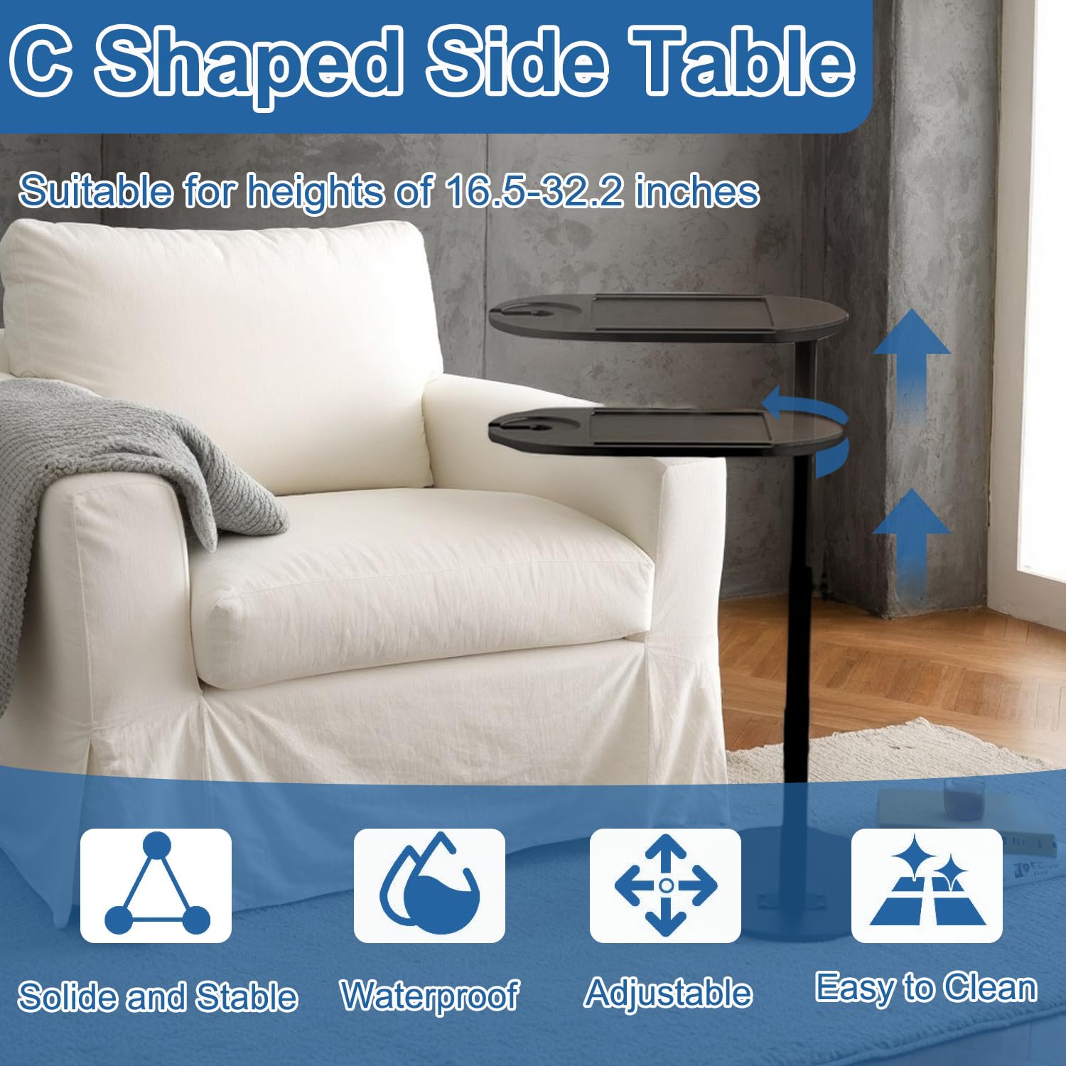 C Form - Tavolino girevole a 360°, regolabile in altezza, 42-82 cm, in legno e metallo, piccolo tavolino da caffè per soggiorno, bagno, letto, divano (amboo)