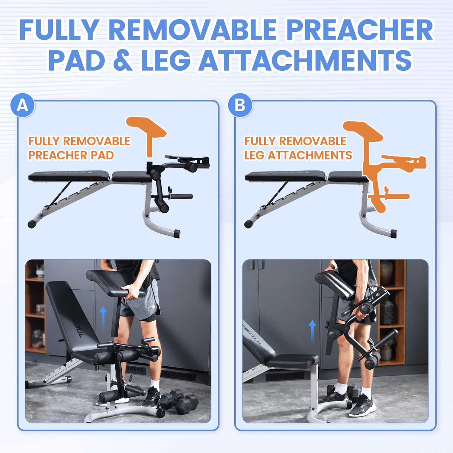 SPORTSOUL Adjustable Weight Bench with Preacher Curl Pad and Leg Extension Professional Utility Heavy Duty Workout Bench Press for Home Gym