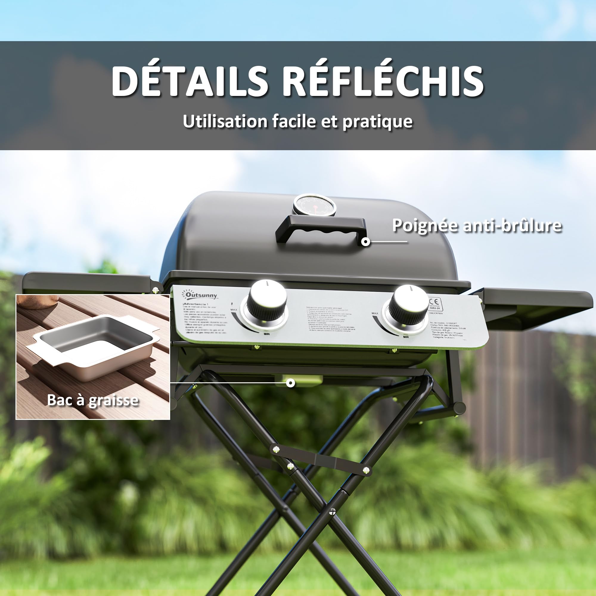 Outsunny Barbecue Gaz Transportable Pliable, 2 Brûleurs 5,6 kW, Barbecue Gaz de Camping avec Grille de Cuisson, Étagères Latérales, Couvercle, Thermomètre et Roues, pour Camping Jardin Balcon, Noir