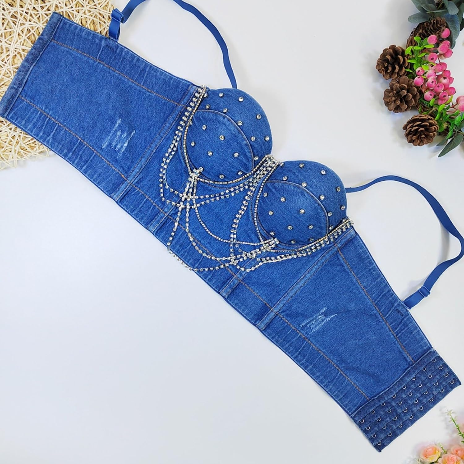 Women's Denim Corset Bustier Shaping Bra Glitter Rhinestone Tassel Chain Halter Tops