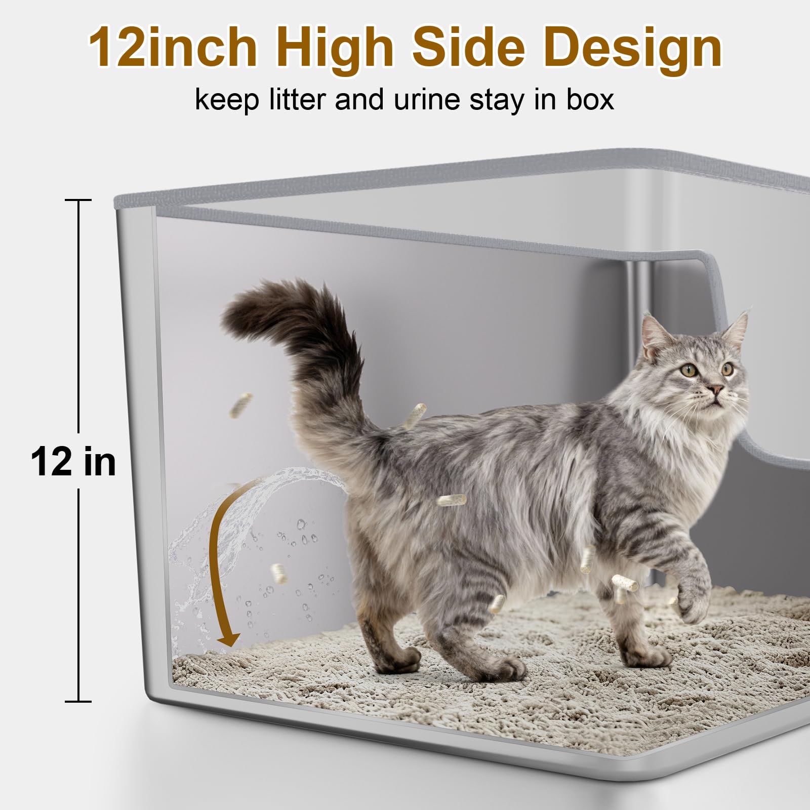 XXL Stainless Steel Cat Litter Box with High Side,No Sharp Edges for Big Cats,One-Piece Deep Metal Litter Box with Curved Low Entry,Anti-Leakage,Non-Sticky,Easy Cleaning(Side Entry) - image 3
