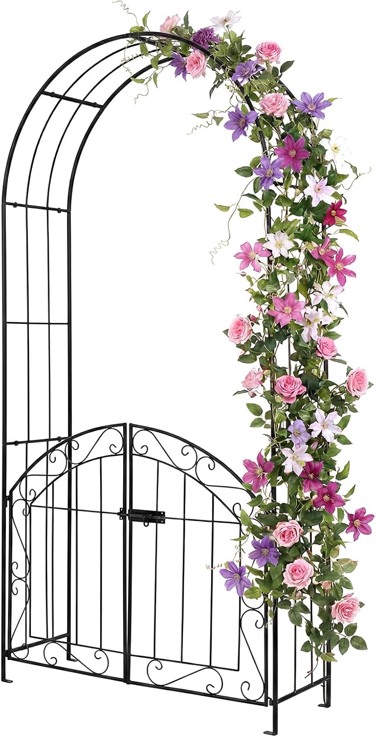 Giantex Garden Arch with Gate, 79" H x 39" W Heavy-Duty Metal Arbor Trellis with Safety Latch, 4 Ground Stakes for Climbing Plants Vines, Outdoor Archway for Lawn, Patio, Wedding & Party (Black)