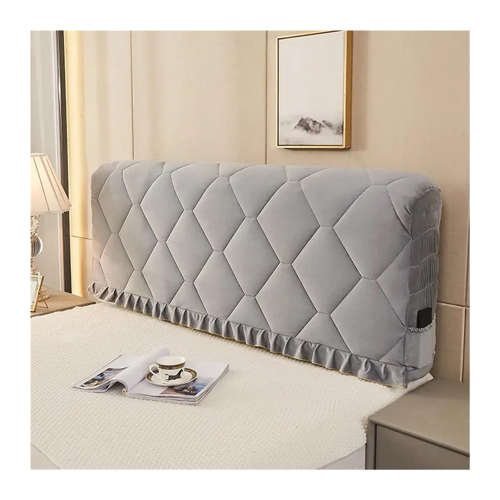 Housse de tête de lit velours matelassée gris clair 220x70 cm