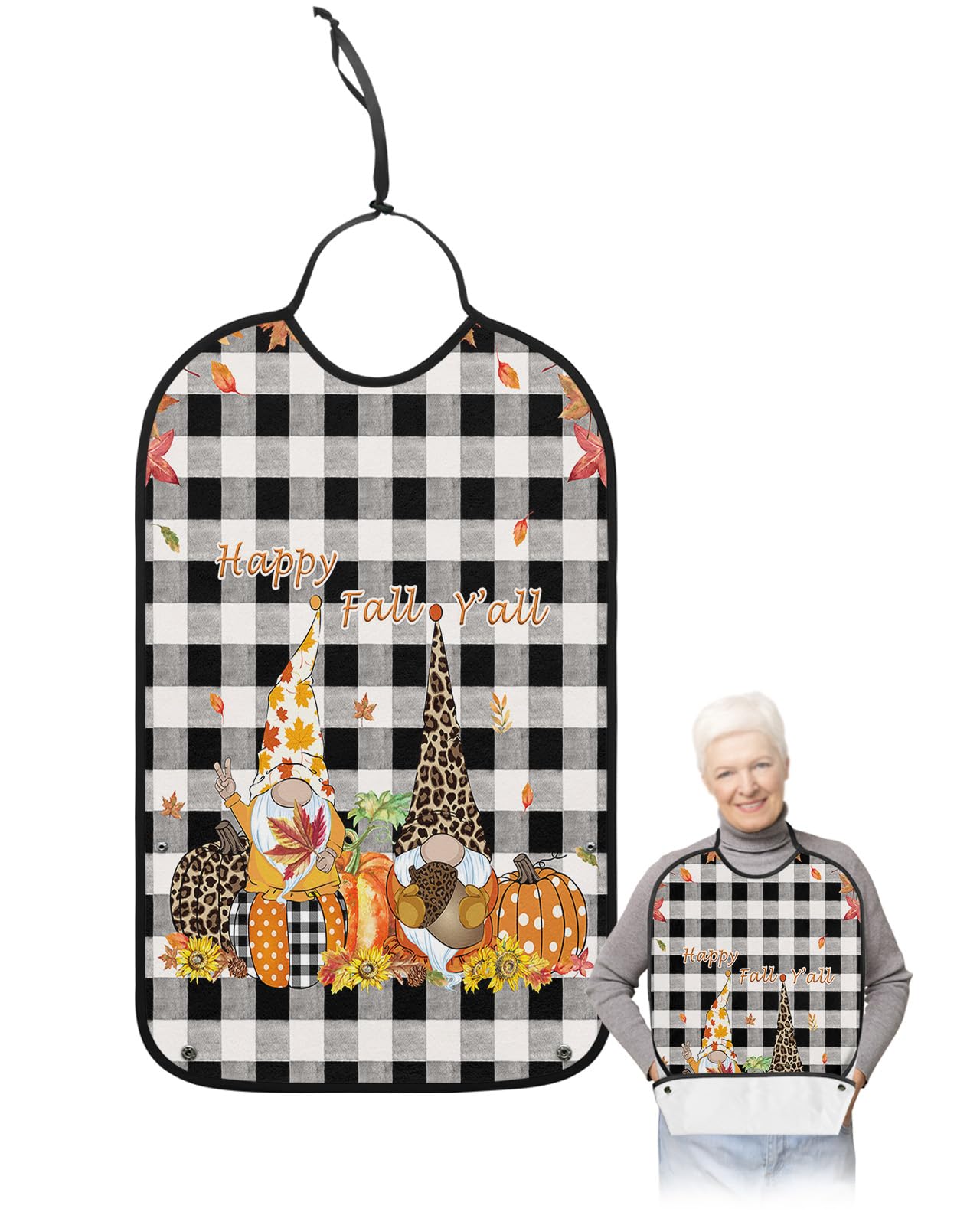 Thanksgiving Gnomes Adult Bibs for Eating, Waterproof Bibs with Food Catcher & Adjustable Snap Closure, Black and White Plaid Pumpkin Washable Clothing Protectors Adult Bibs for Elderly Women/Men