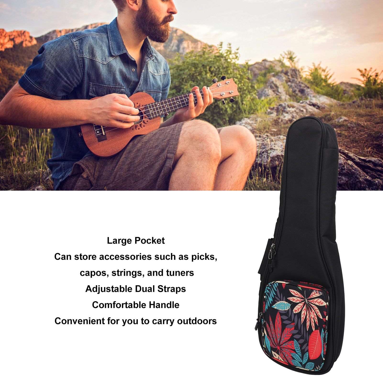 Mochila para Ukelele, Bolsa de Transporte para Ukelele de Viaje con Bolsillo Extra Grande y Acolchado de Esponja de 10 Mm de Grosor, para Ukelele u Otros Instrumentos de Cuerda (21 Pulgadas)