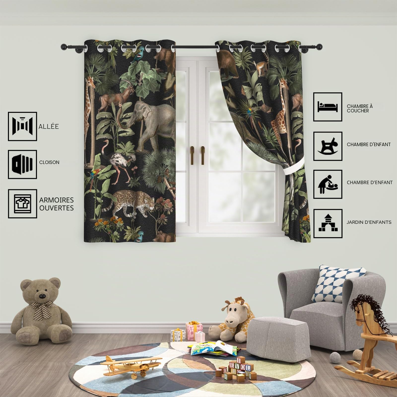 YONGFOTO Rideaux Safari Jungle Animaux Sauvages Tropicaux Éléphant Girafe Zoo Rideaux Occultants à Œillets pour Chambre Enfant Chambre à Coucher 2 Panneaux 117 x 229 cm