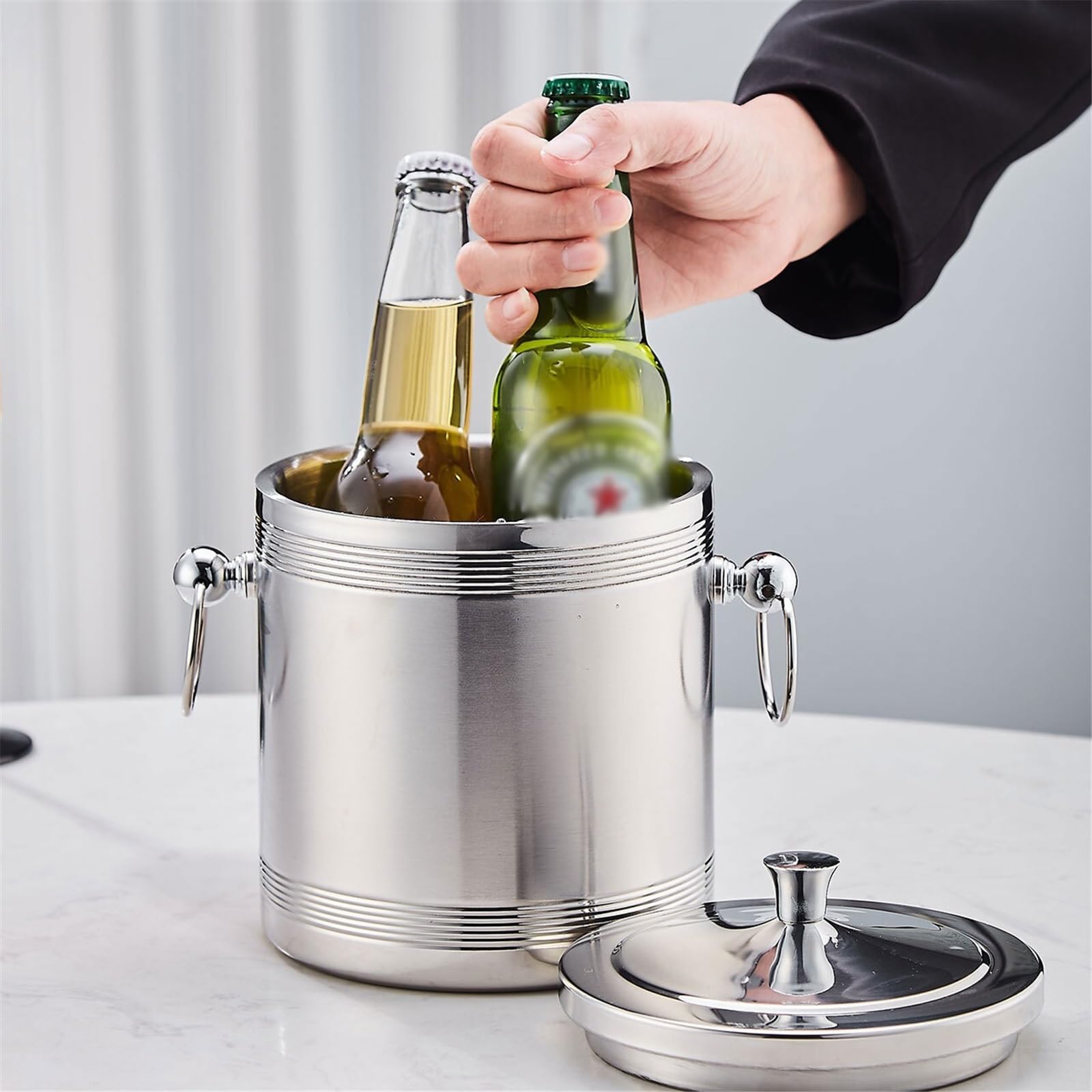 Cubitera Cubitera de Metal Doble Pared con Tapa, Ideal for cócteles, Fiestas y for Enfriar Vino champán Cubitera para Botellas(Grande)