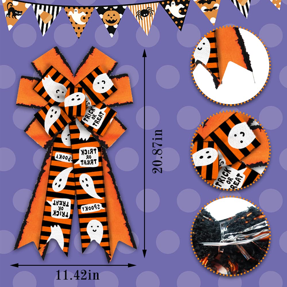 Large Halloween Wreath Bows Halloween Bows Orange Ghost Strips Words Burlap Bows for Wreaths, Halloween Ribbon Bows Tree Topper Bows for Home Indoor Outdoor Decoration Wreath Ornament Supplies