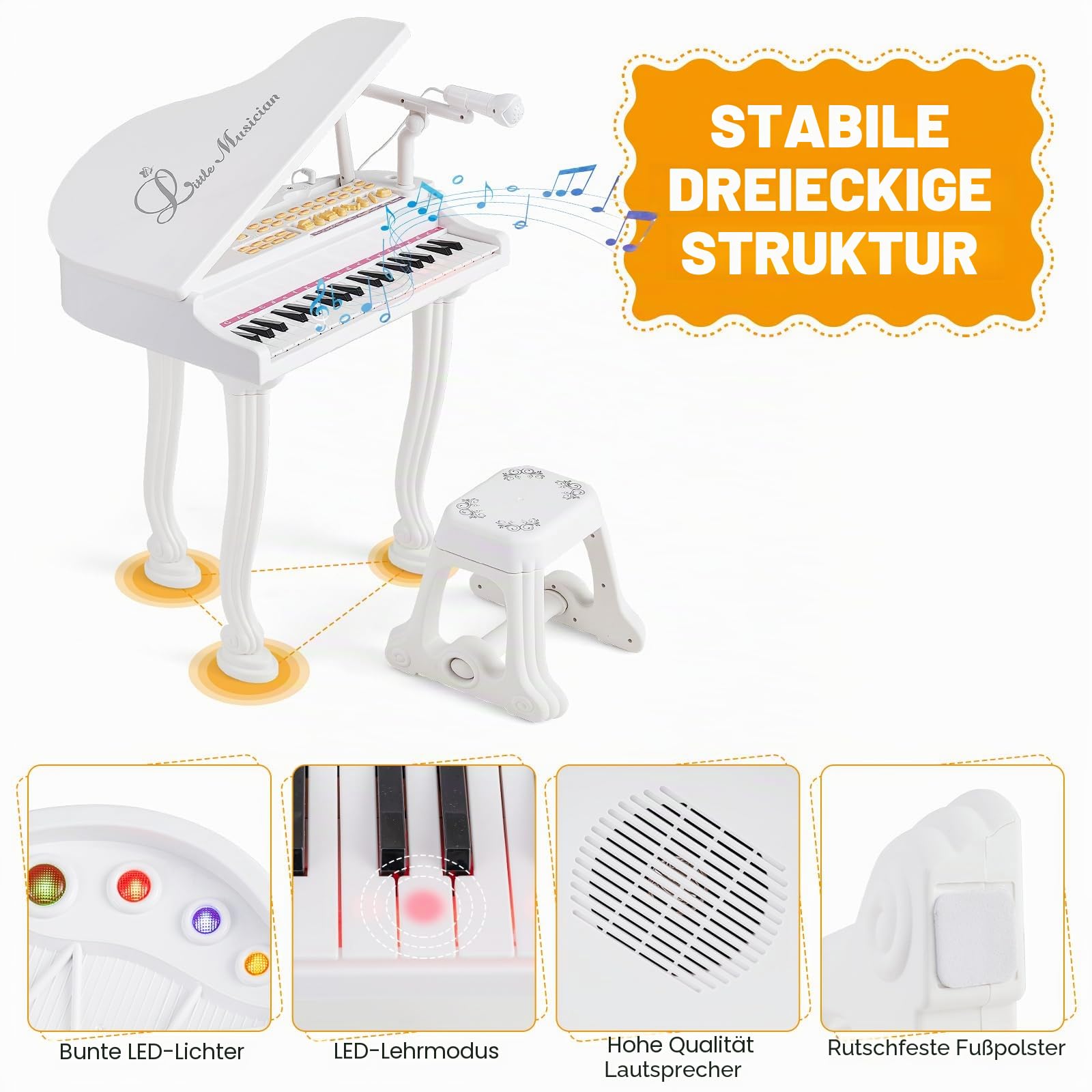 KOMFOTTEU 37 Tasten Kinderklavier Set, Elektronisches Klavier mit Mikrofon & Hocker, E-Piano Klaviertastatur mit 8 Percussionseffekte & Begleitstile, Keyboard für Kinder ab 3 Jahren (Weiß)