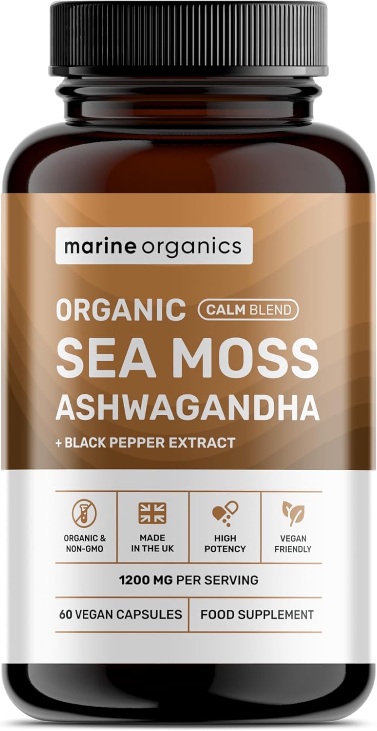 Organic Irish Sea Moss & Ashwagandha Capsules – Calm Blend – 60 Capsules – Ashwagandha High Strength 1200mg w/Black Pepper – Immunity & Stress Support – Vegan, Non-GMO, UK Made, Certified Organic