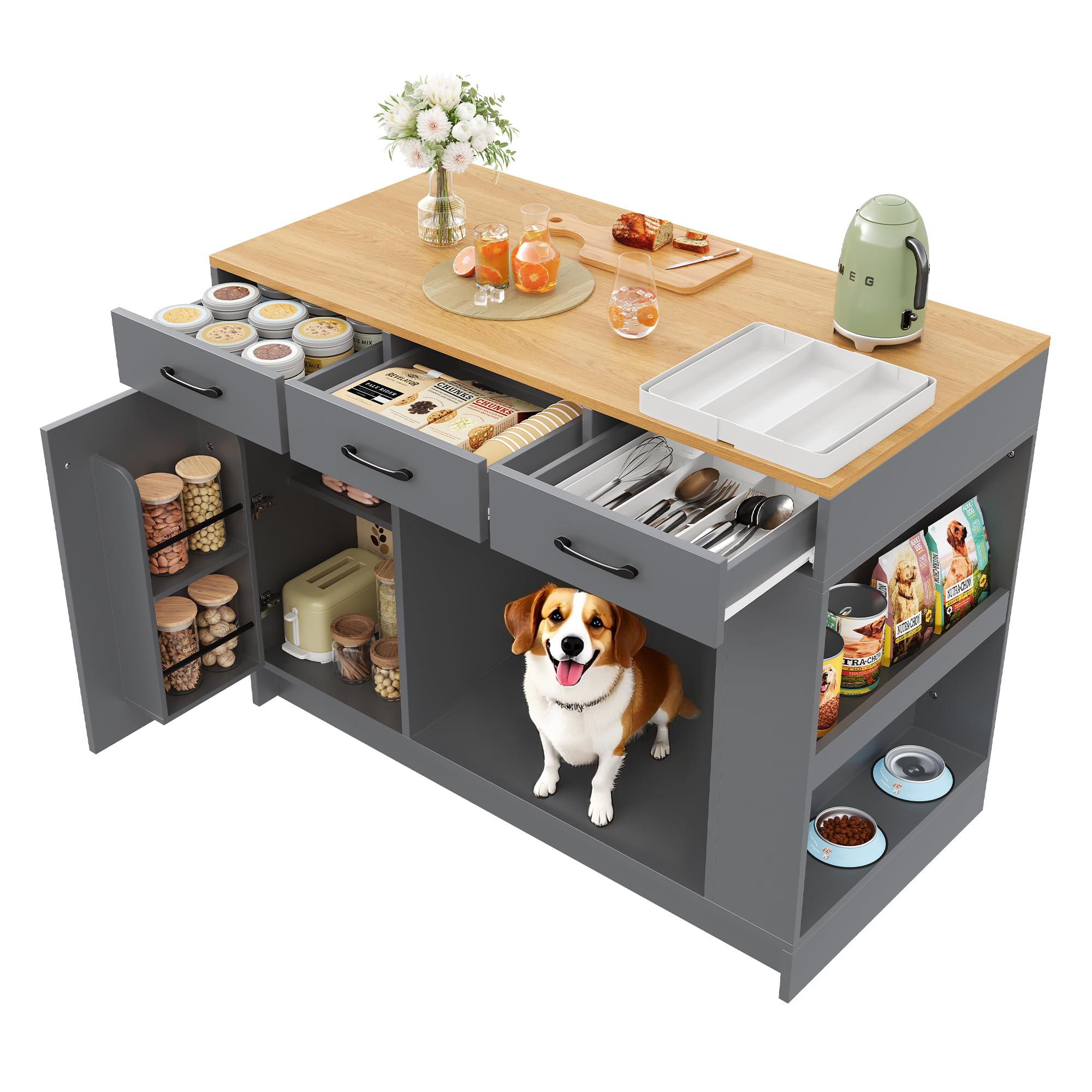 Isola da cucina, armadio con 3 cassetti, 1 ripiano per le spezie, ripiano regolabile, doppio ripiano (senza piatto per cibo per cani), ampio spazio per la conservazione degli animali domestici (senza