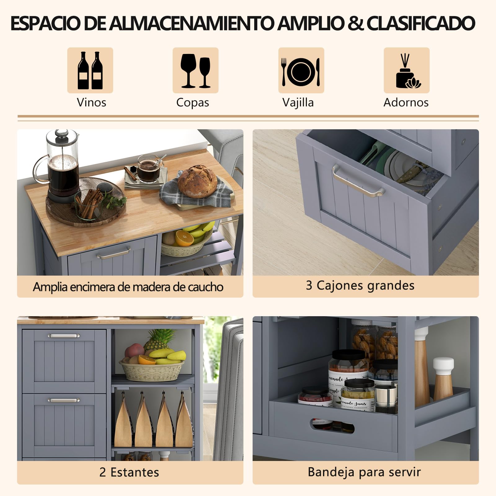 COSTWAY Carrito de Cocina con Ruedas Bloqueables, Carrito de Servicio Multiuso con 2 Estantes Abiertos y 3 Cajones, Bandeja Extraíble, Carro Auxiliar de Madera para Cocina y Comedor (Gris)