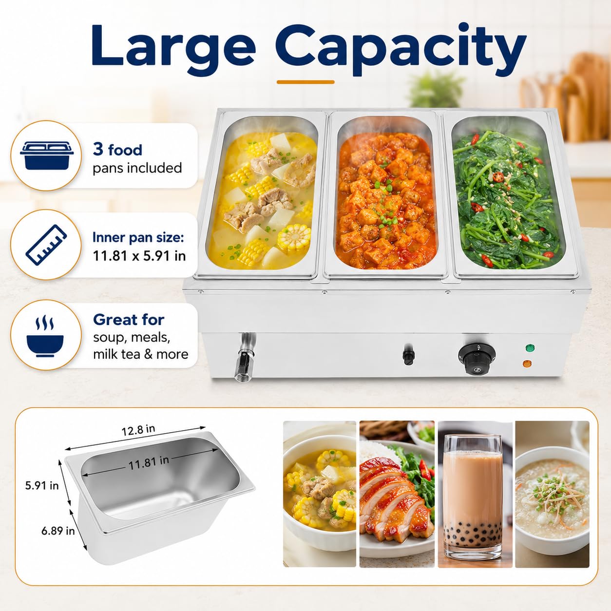 Chauffe Plat Électrique Bain Marie à 3 Casseroles Température Réglable avec Couvercles Chafing Dish Buffet,pour la Maison, Cafétéria, Fête d'anniversaire, Restaurant, Fête