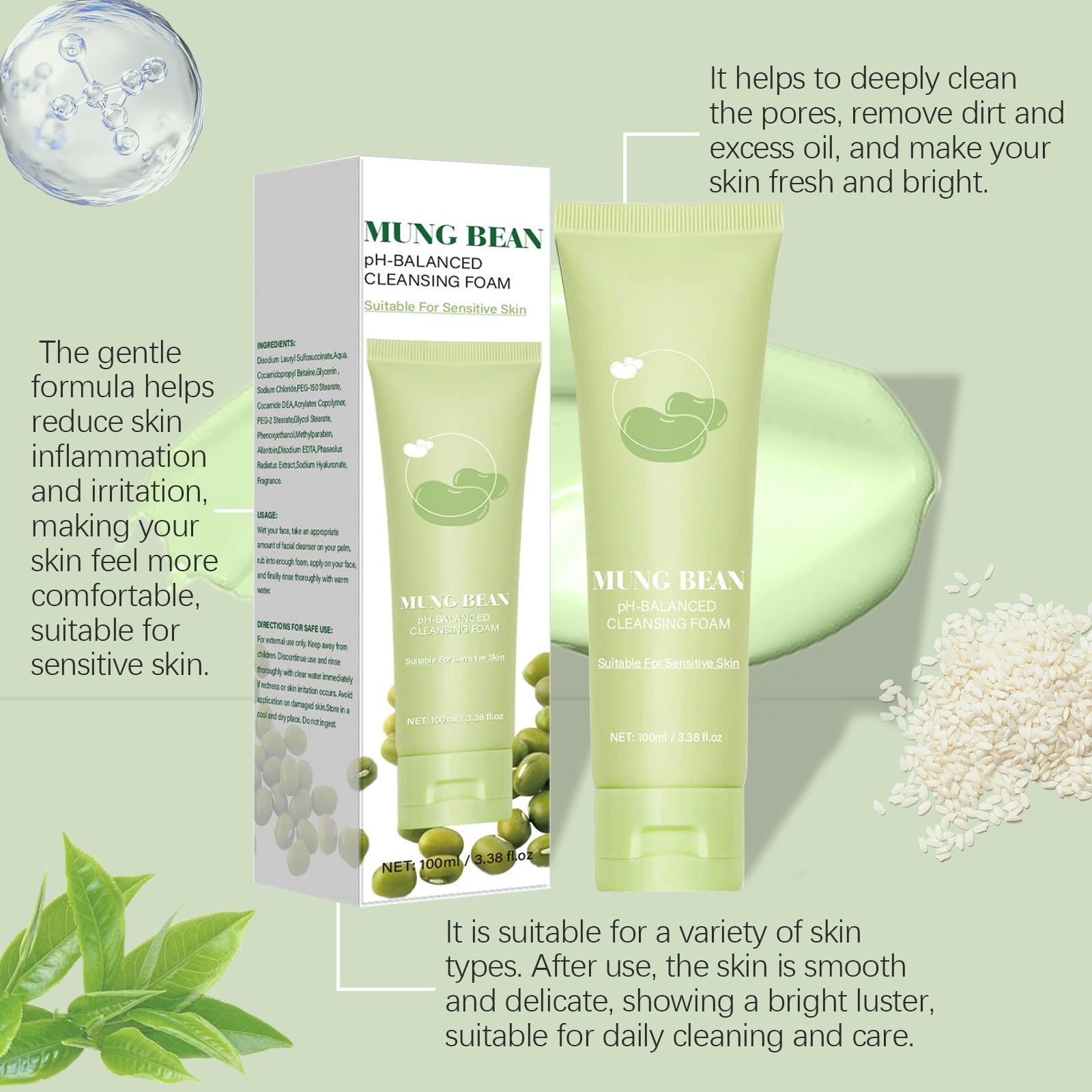 Mousse nettoyante au pH de haricots mungo (160 ml) - Sans parfum, non comédogène, testée, nettoyante pour le visage en profondeur - Convient pour les peaux sensibles - Nettoyant pour masque facial (3)