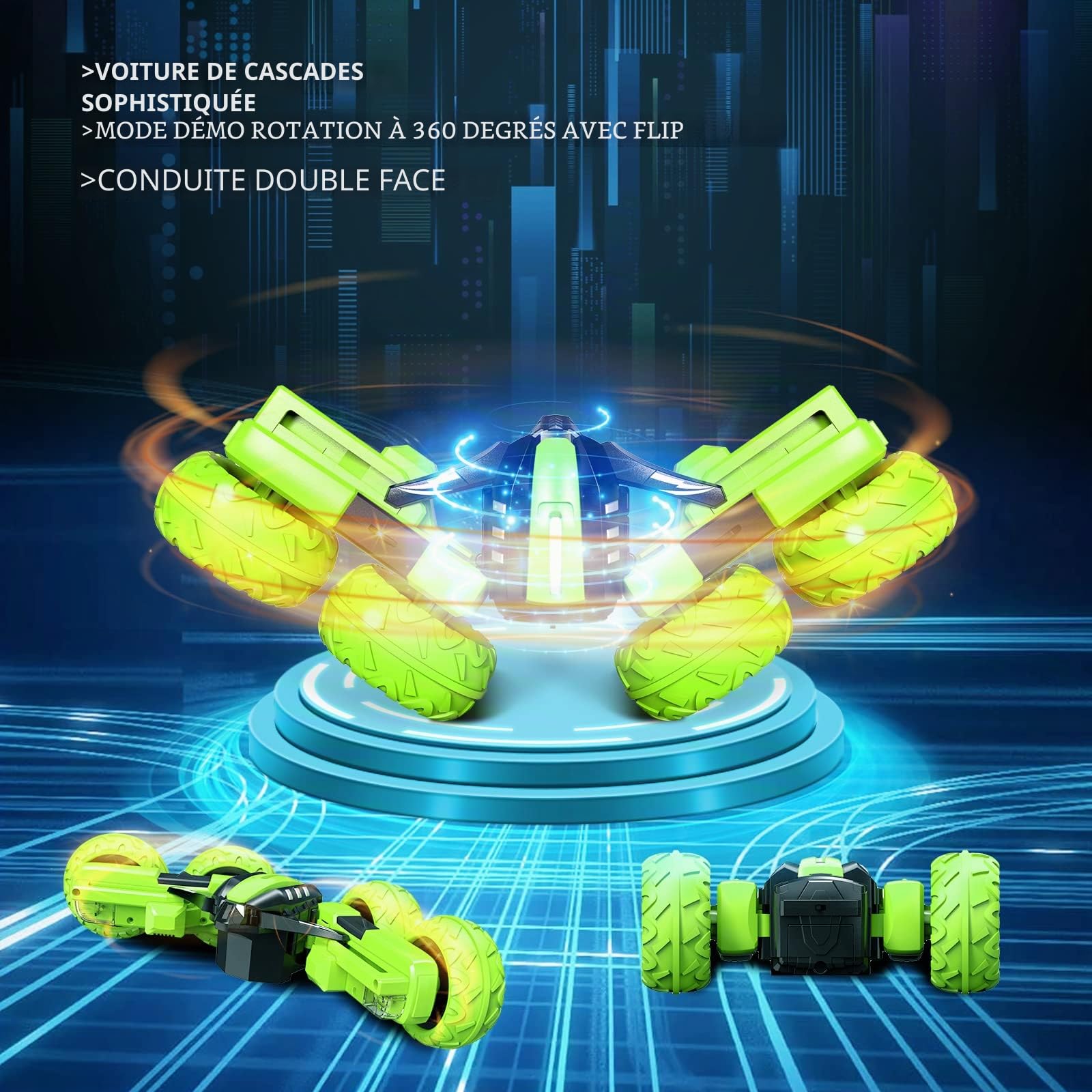 Amicool RC Voiture Telecommandé Tout Terrain, 4WD 360°Rotation Stunt Car Offroad RC Véhicule avec LED, 2.4GHz Voiture Radiocommandee Crawlers pour Enfants 6-12 Ans G03080R(Vert)