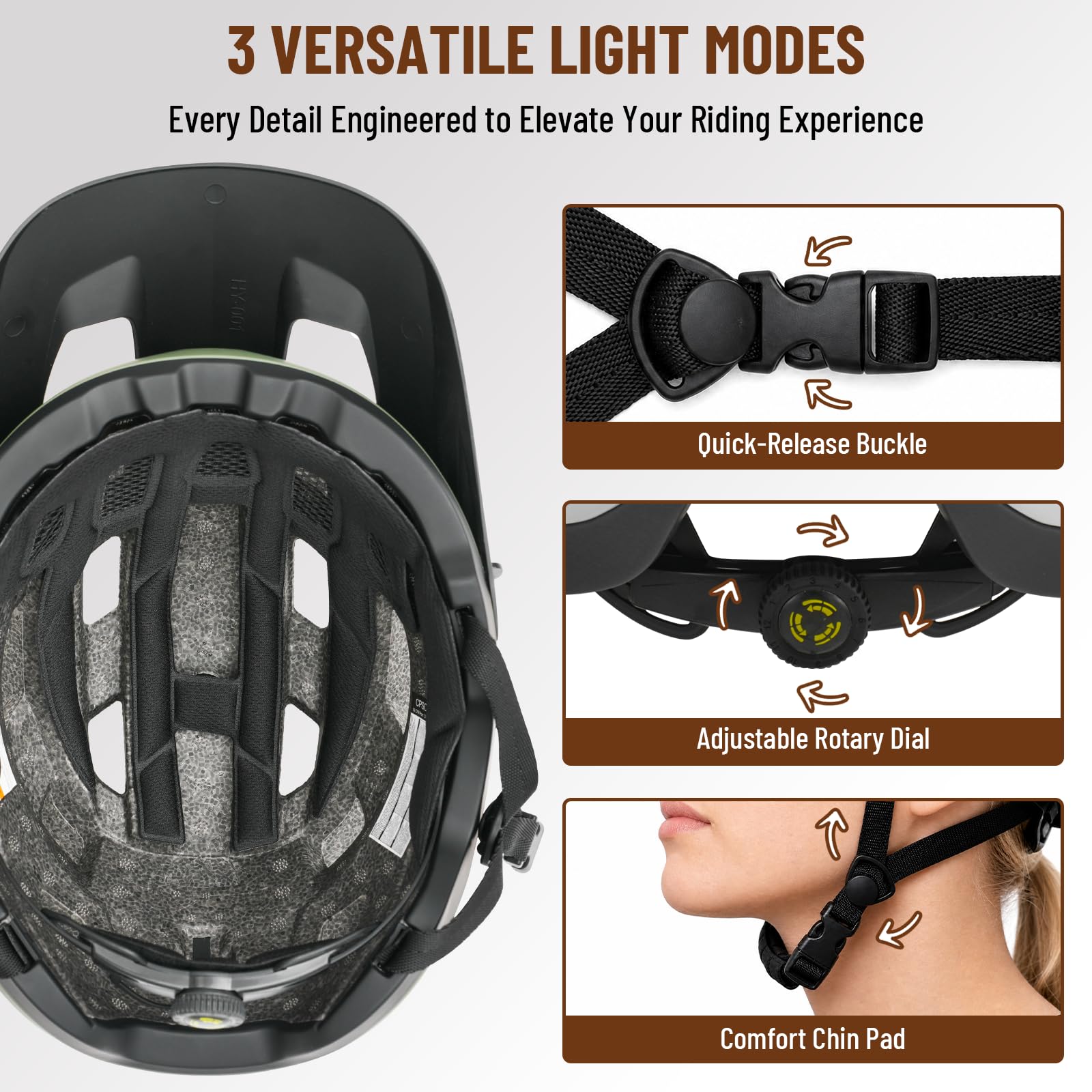 Favoto Casco de Bicicleta para Adultos para Ciclismo de Carretera y montaña, con luz Trasera LED Recargable USB, Gafas magnéticas y Visera Solar extraíble, Casco para Hombres y Mujeres