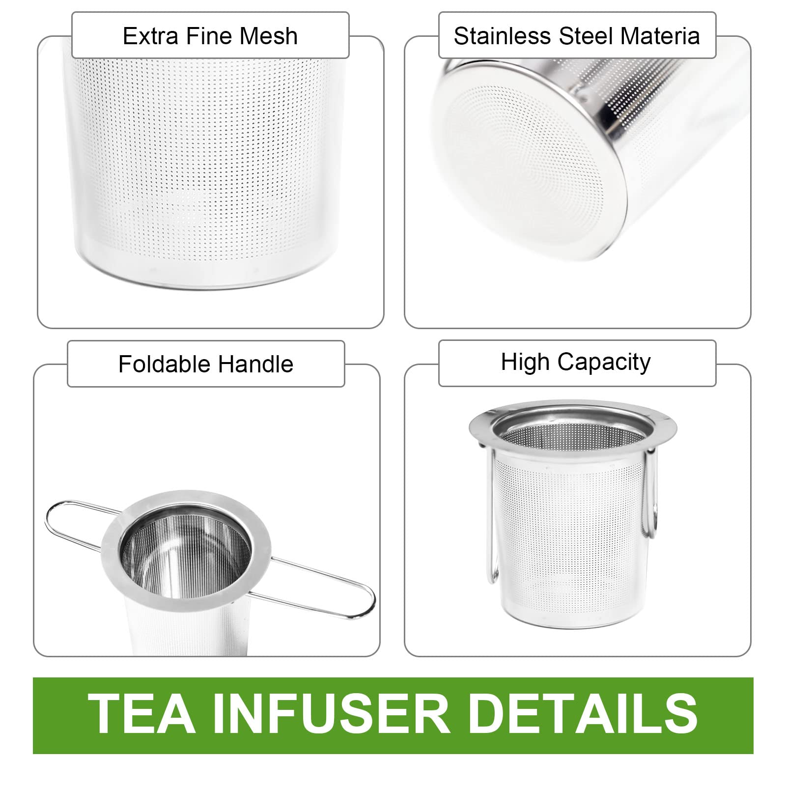 Paquete de 2 infusores de té, colador de té de malla extrafina de acero inoxidable para hojas sueltas con mango plegable sentado en tazas, filtros de té, coladores de té, cesta de té, difusor de té