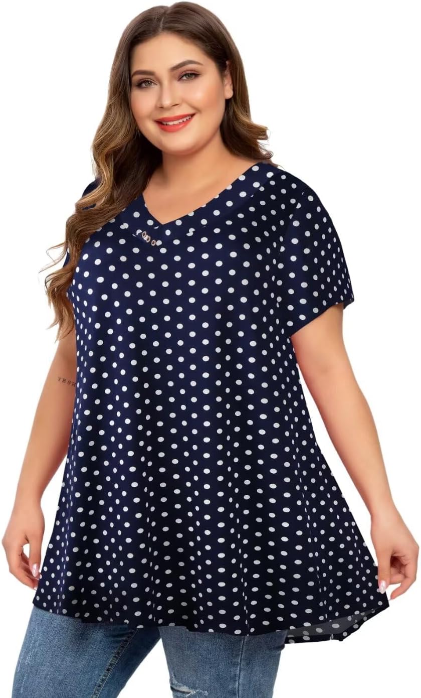 MONNURO Womens Plus Size Tops Short Sleeve Button Down Basic Tunics Summer Swing T Shirts Casual V Neck Blouses for Leggings - Image 2