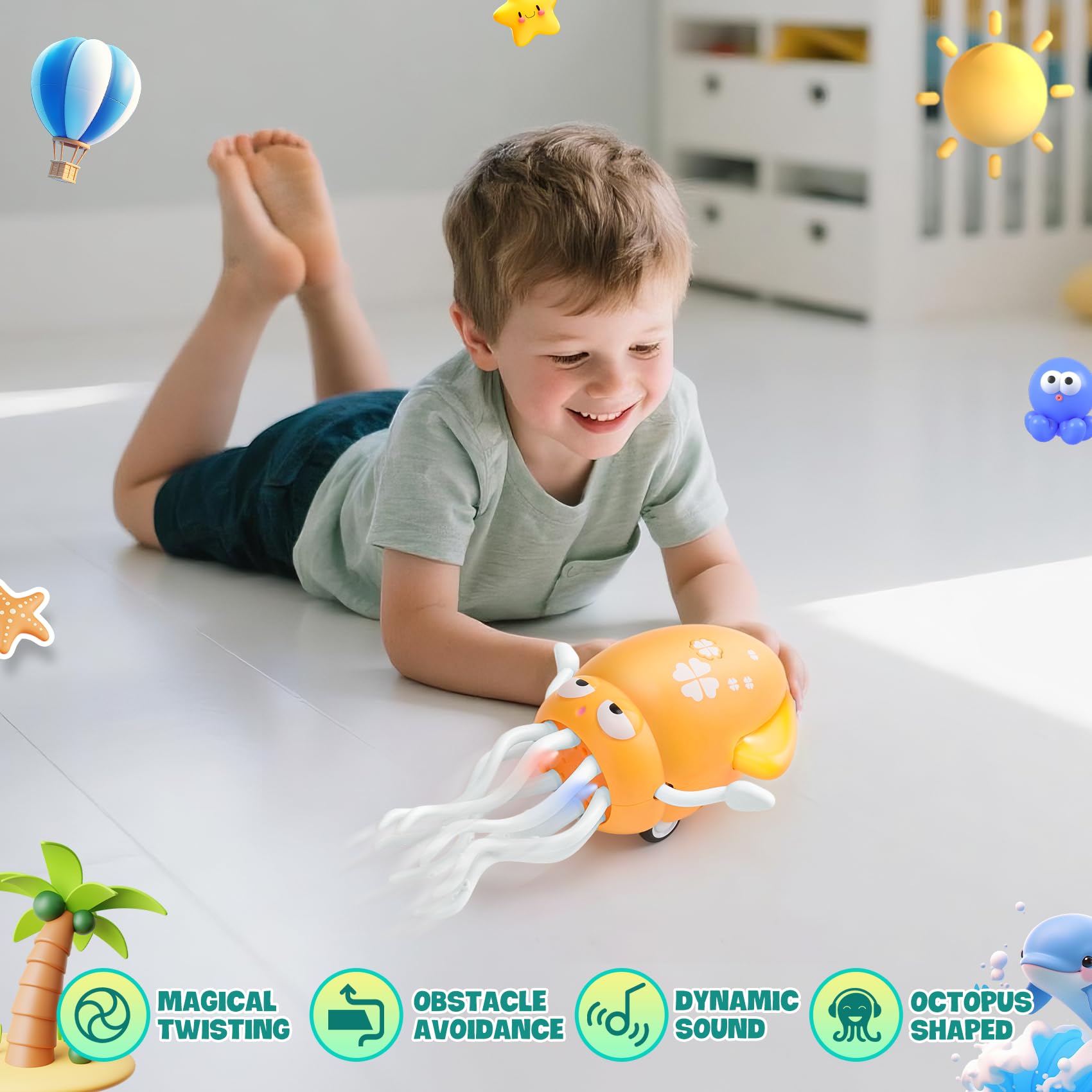 Umikk Polpo Danzante Elettrico Con Luci LED E Musica - Giocattolo Per Bambini Con Rilevamento Ostacoli E Canna Da Pesca