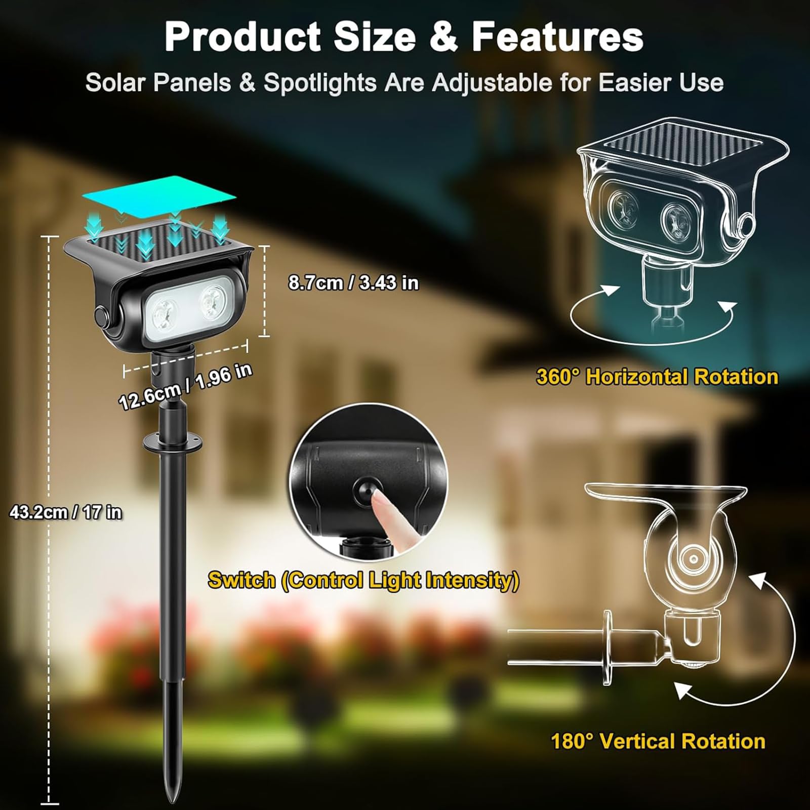 CREATESTAR 4 Pezzi Faretti Solari da Giardino con Sensore di Movimento, 4 Modalità ＆ 2 Installazione, Bianca Calda, IP65 Impermeabile Luci solari da Giardino per Cortile, Patio, Vialetto, Alberi
