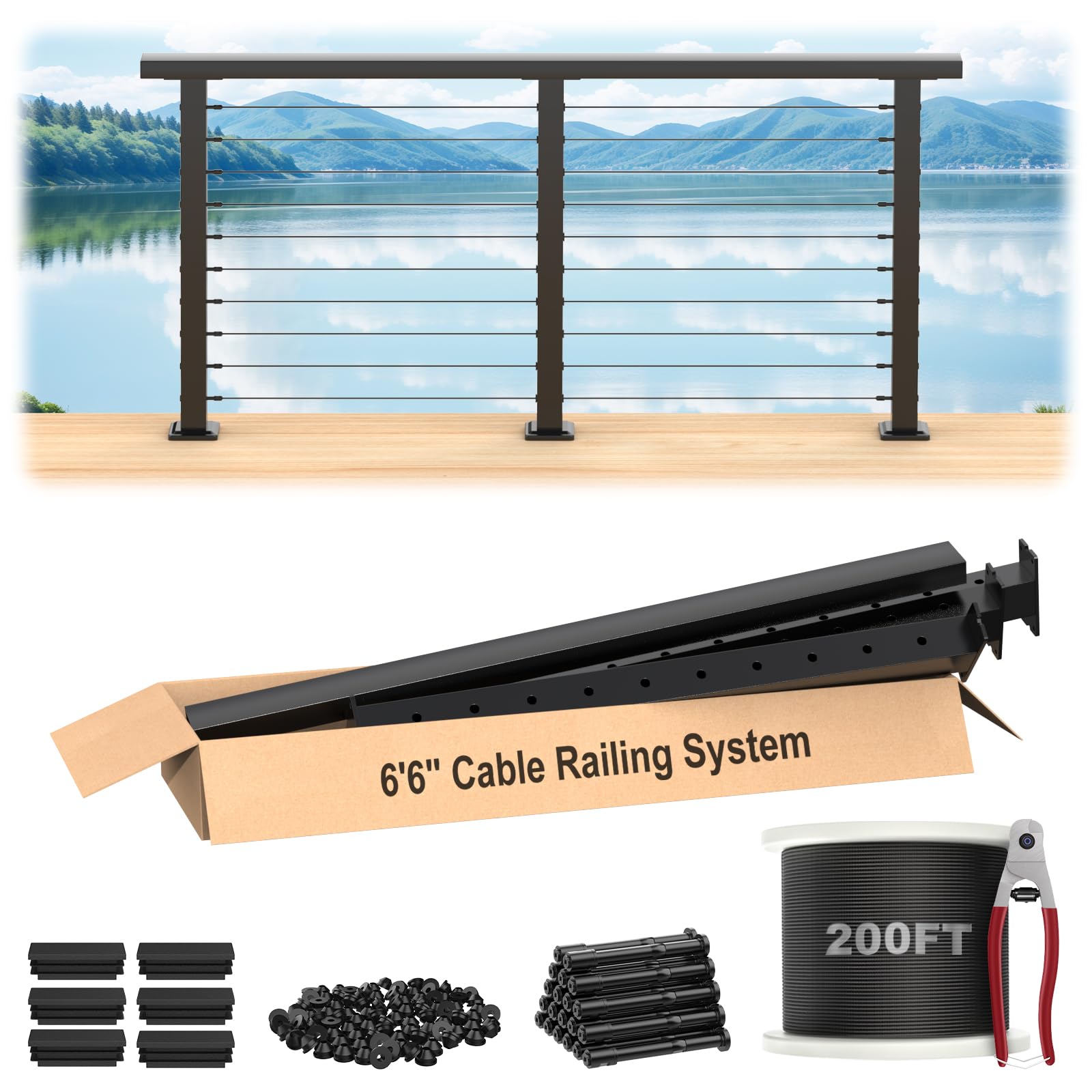 Photo 1 of RailinGo 8FT-16FT Swageless Cable Railing Kits, Black Deck Railing System Includes 3Pack 35" Level Drilled Posts, 6.5FT Handrail and 200FT Wire Rope, Swageless Cable Deck Railing Kit for Easy DIY