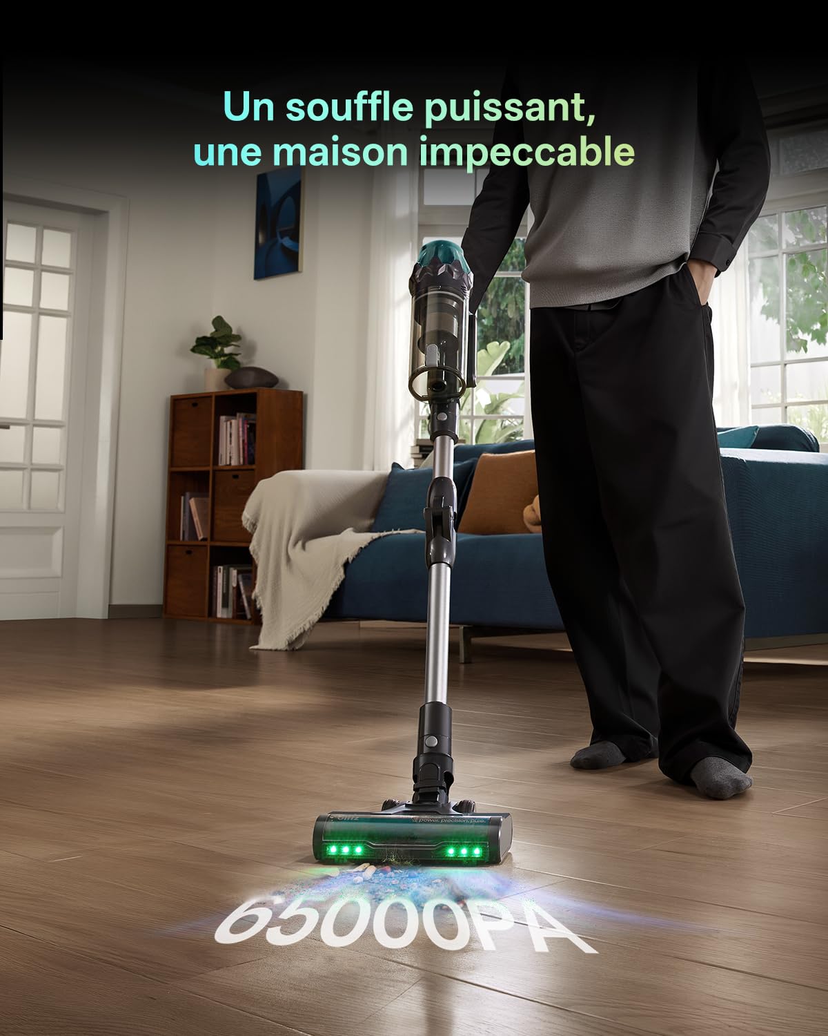 Vexilar V15 Max Aspirateur Balai sans Fil, 2 en 1 Laveur | 65000Pa, rosse 4D anti-poils d'animaux, filtration multicône, LED Duralgreen, autonomie 60 min, tube pliable, support mural