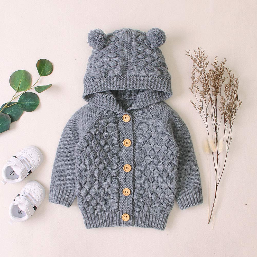 Baby Girl Knit Cardigan Sweater Hoodies Warm Tops Toddler Infant Bear Ear Outerwear Jacket Coat Outfit Clothes (Grey, 6-12 M)