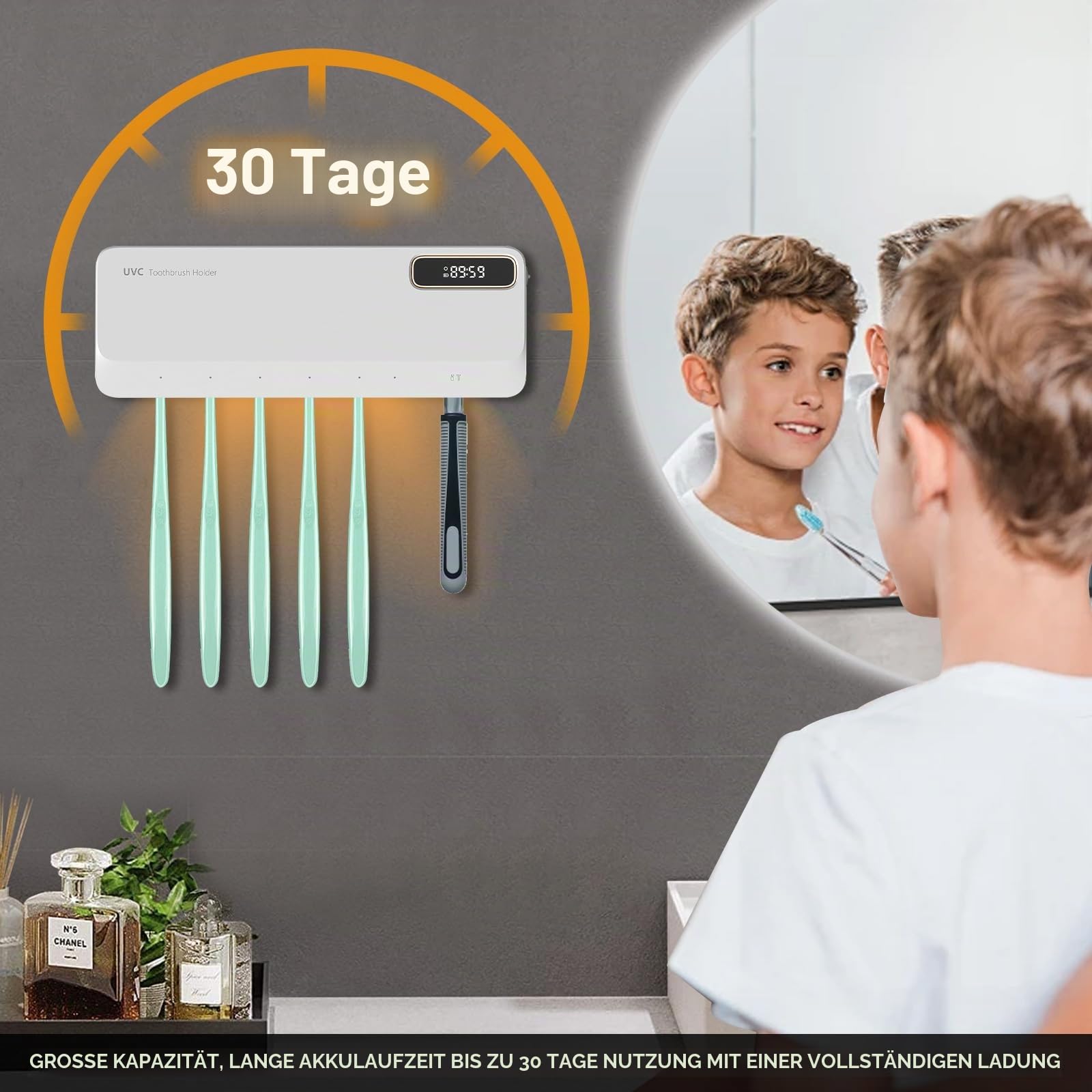 UV-Zahnbürstenhalter,Zahnbürsten-Desinfektionsmittel mit 5 Bürstenhalter und 1 Schlitze,Zahnbürste Sanitizer Halter,Wandmontage Zahnbürstenhalter Sterilisator mit Heizung und Lüftertrocknung (Weiß)