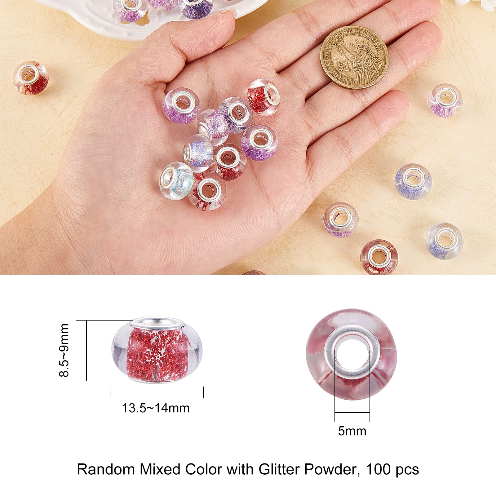 UR URLIFEHALL 100 Pcs Colourful Resin European Beads with Glitter Powder Large Hole Beads for Bracelet Necklace Earring Jewellery Making - Image 2