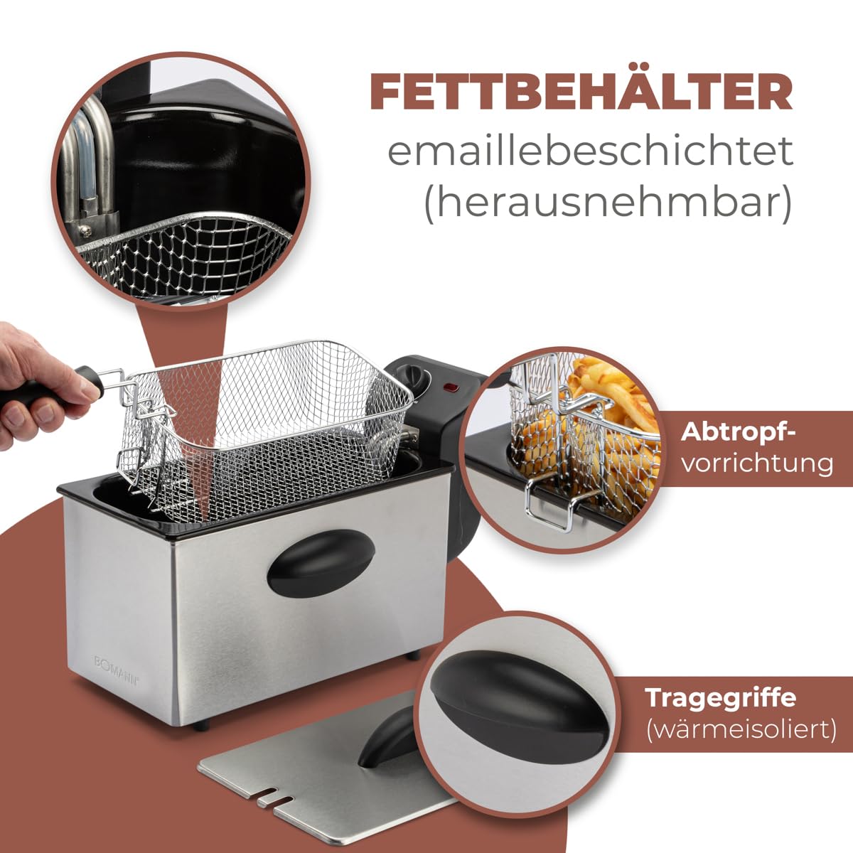 Bomann Fritteuse mit 3L Kapazität | Friteuse mit Fett | Friteuse Öl mit Kaltzonentechnik & Abtropfvorrichtung | stufenlos regelbareres Thermostat | Abtropfvorrichtung | 2000 Watt | Gastro | FR 2264 CB
