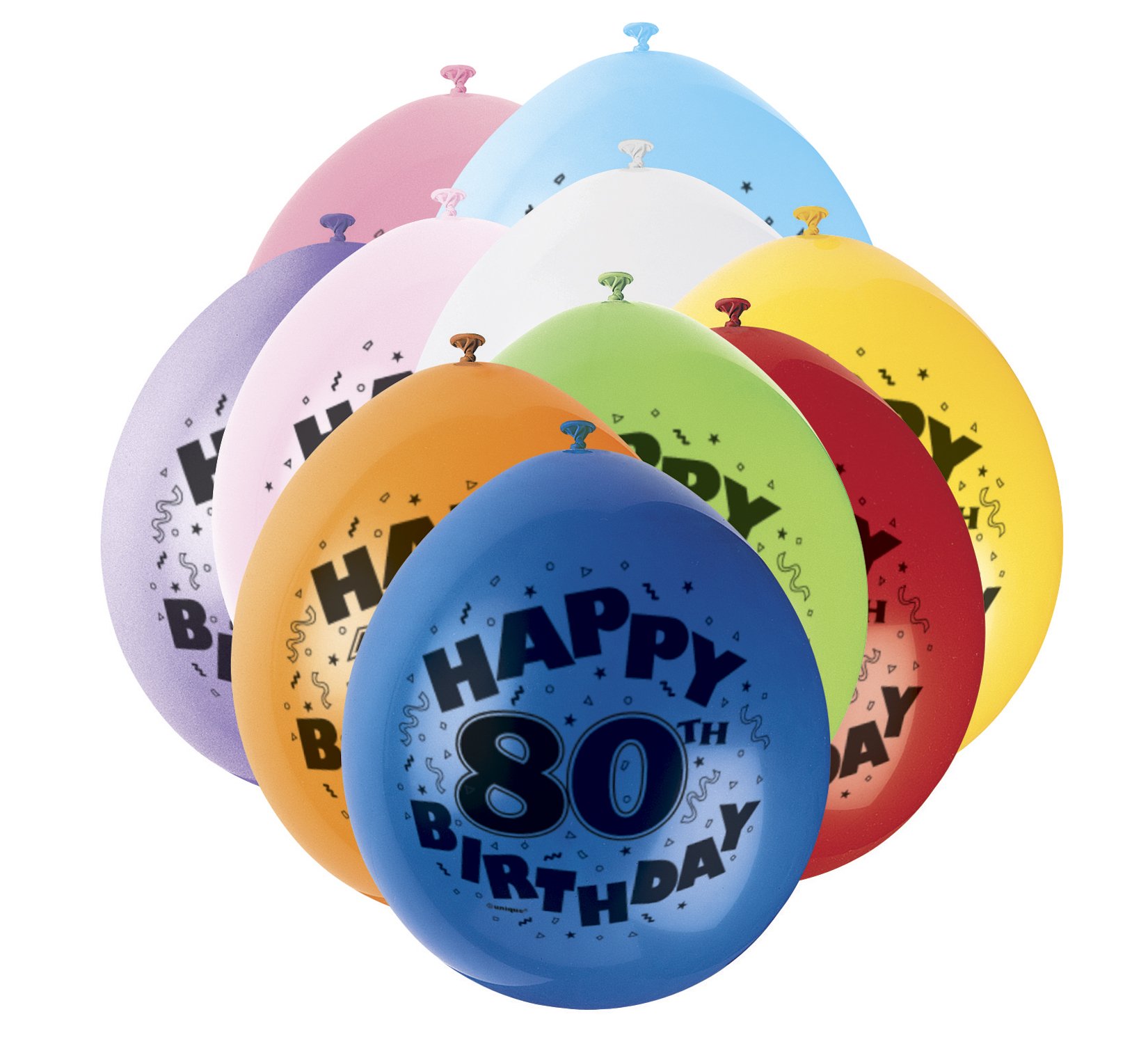 Unique Party 80318 - 9" Latex Assorted Happy 80th Birthday Balloons, Pack of 10