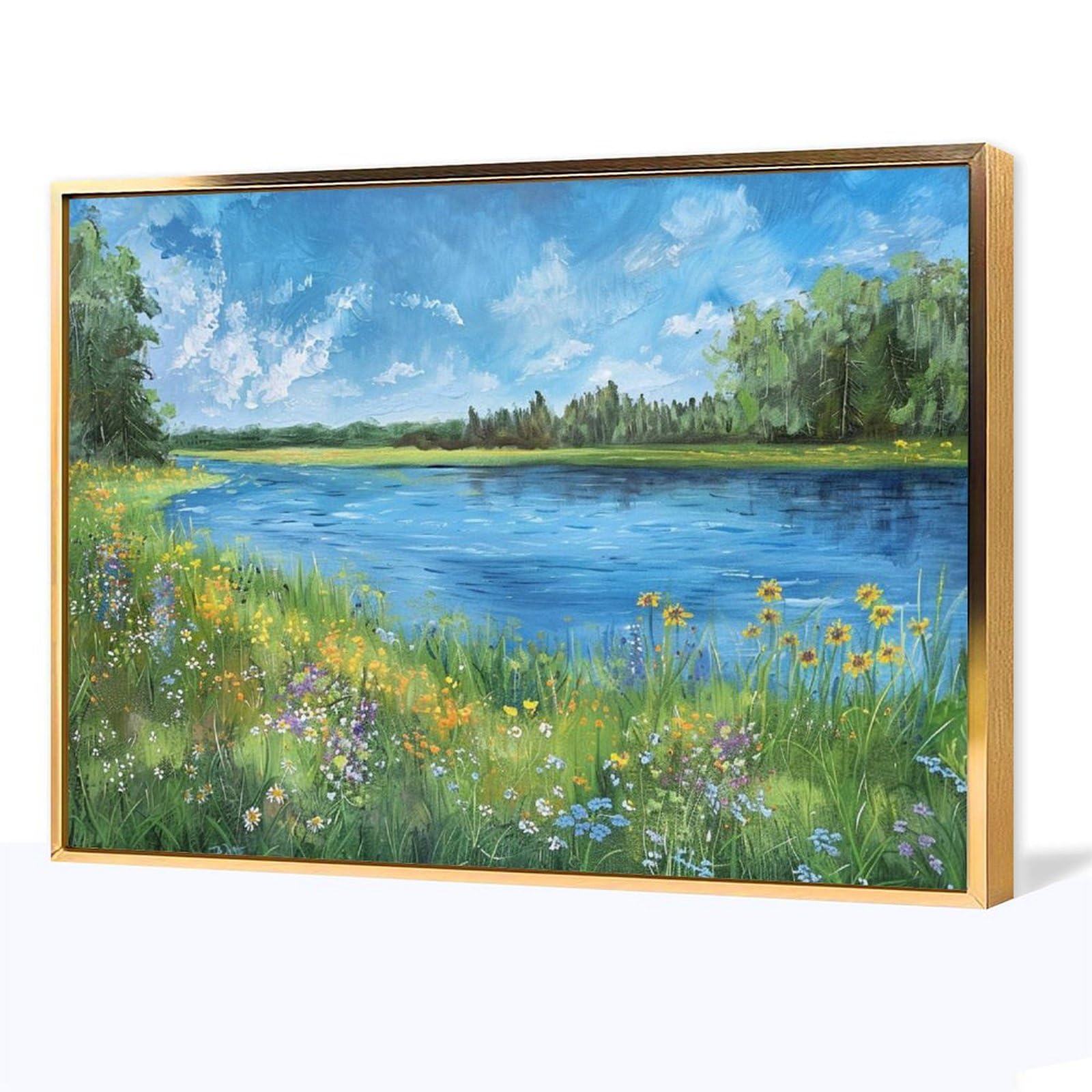 Amazon.co.jp: 絵画 春の川の隣の芝生と花 アートパネル