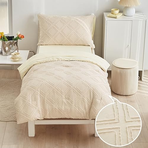 Juego de ropa de cama de 4 piezas para niños pequeños, acolchado jacquard beige sólido, suave y bordado, diseño bohemio bohemio para bebés niños y