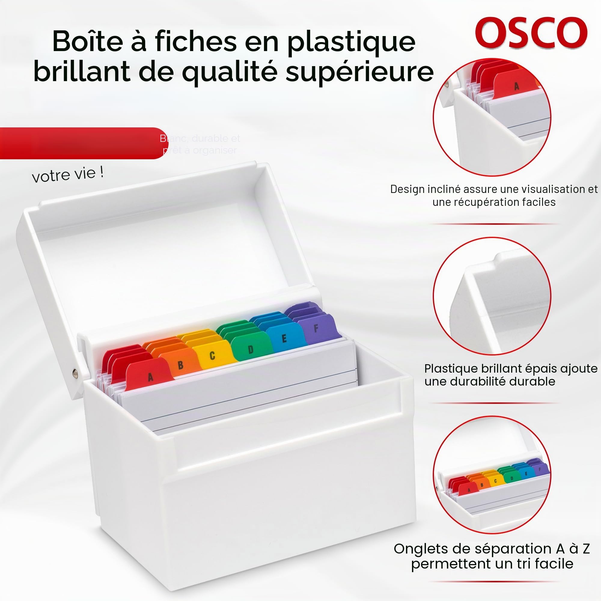 OSCO Boîte d'index en plastique blanc brillant A-Z 100 feuilles lignées 15,2 x 10,2 cm Cartes flash de révision