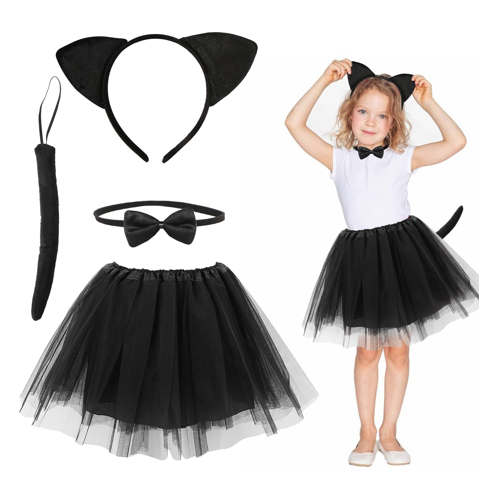 Disfraz de Gato Niña,Falda Tutu Negra Niña con Accesorios Orejas de Gatito+Pajarita +Cola para Halloween Carnaval Pascua Fiesta Cosplay Regalo