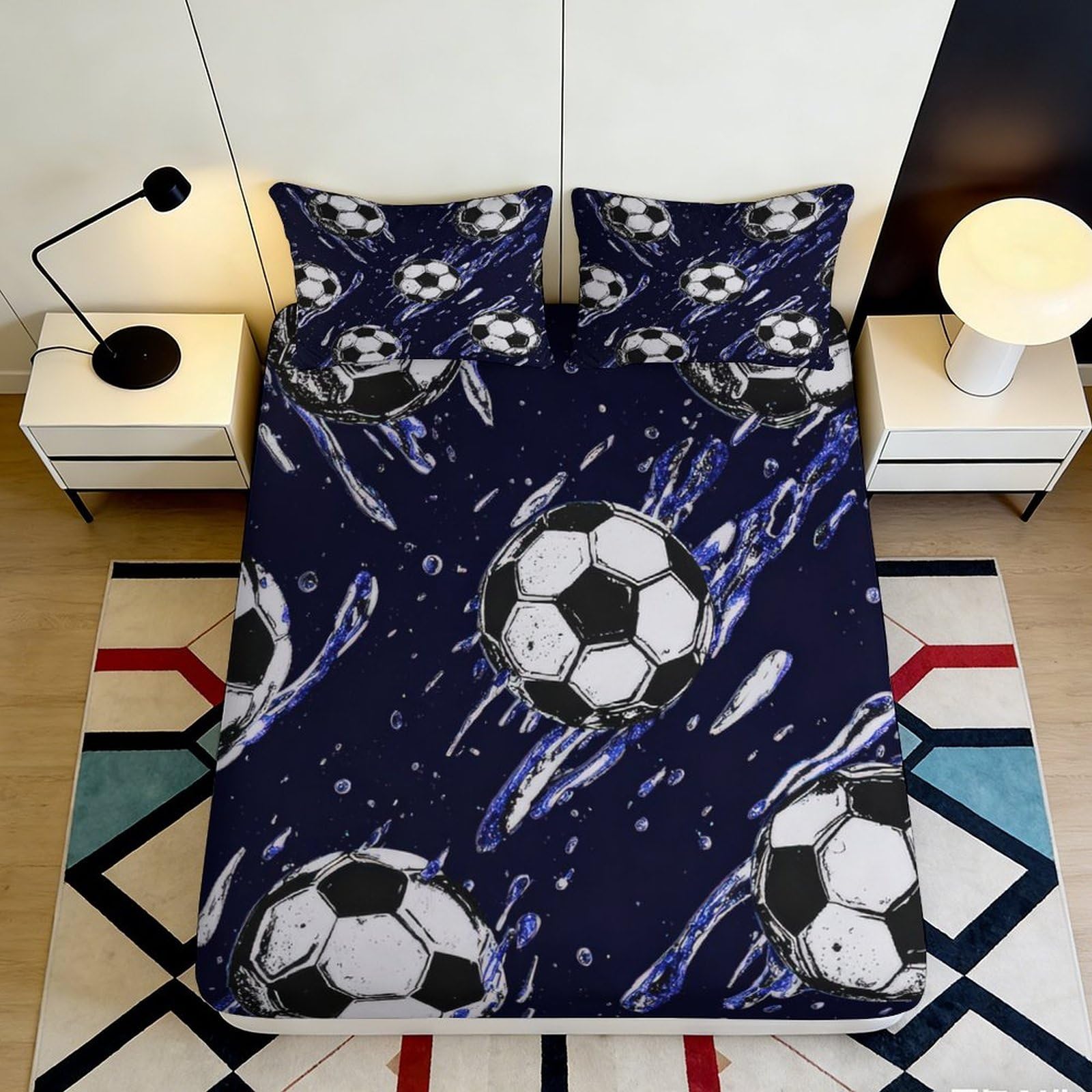 3D Printed Soccer Ball Fitted Sheet Microfiber Navy Blue Bed Cover for Bedroom Guest Room Dorm Mattress Decor 90x200x25cm