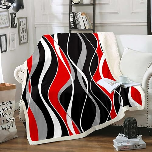Miniatura 1 de Erosebridal Manta moderna de rayas rojas y negras para cama, manta de forro polar blanco y gris, manta sherpa de línea abstracta, arte estético